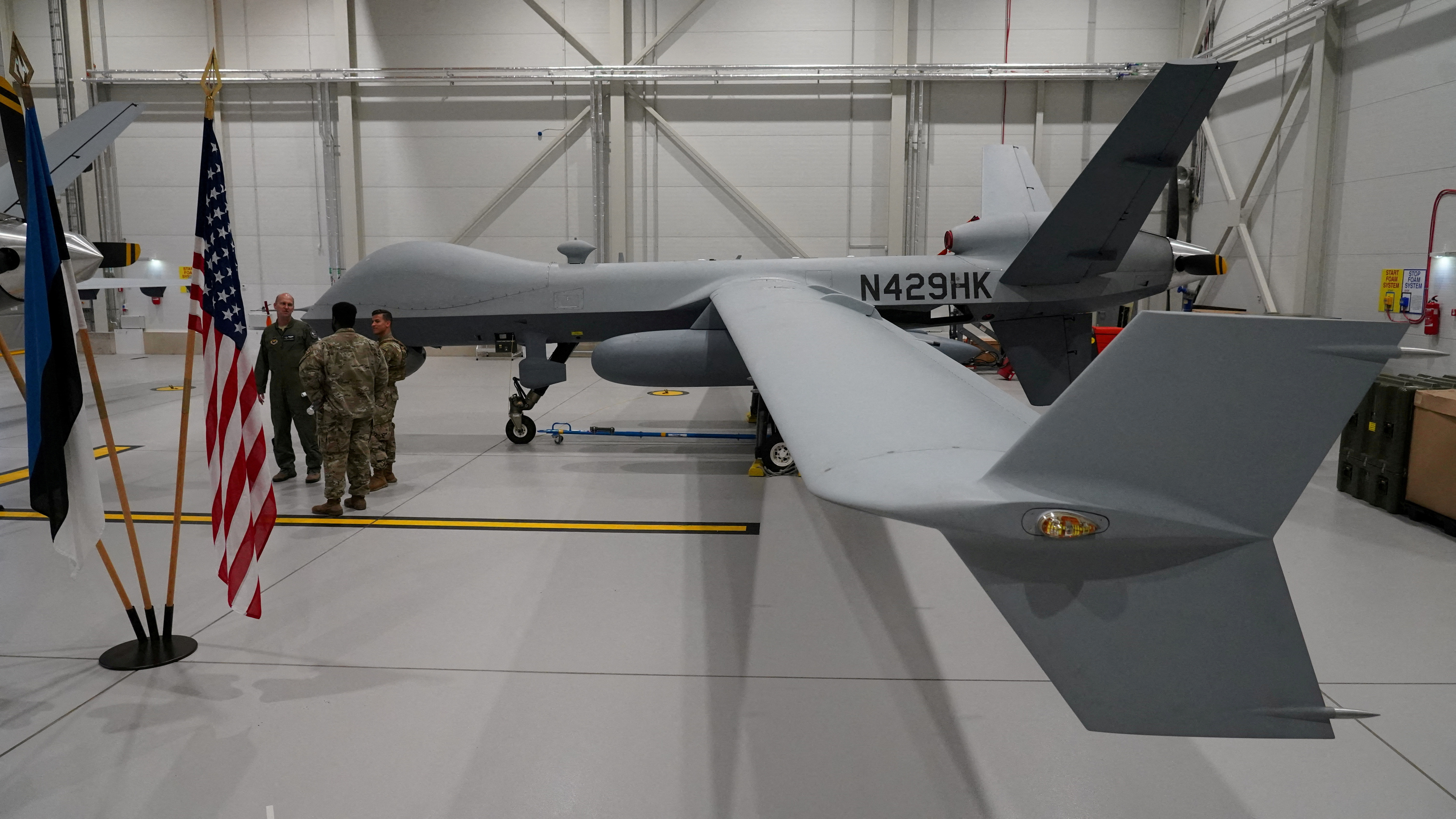 A U.S. Air Force MQ-9 Reaper drone sits in a hanger at Amari Air Base