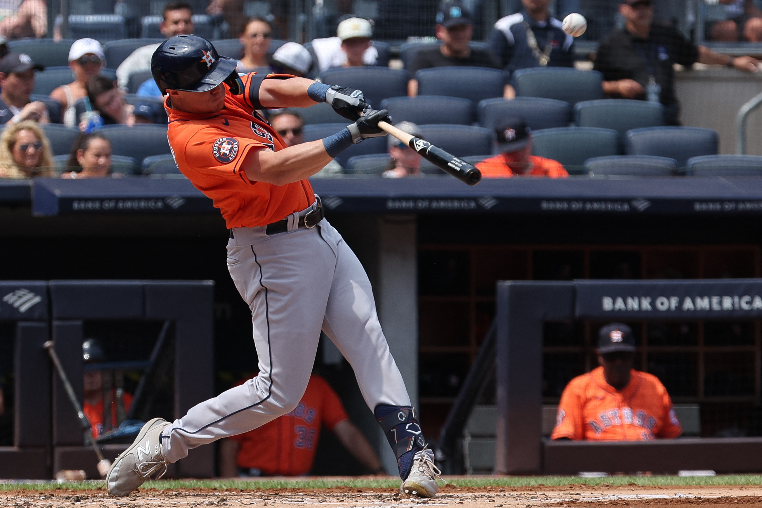 Houston Astros' Jake Meyers reacts after hitting a three-run home run  during the sixth inning of a baseball game against the New York Yankees at  Yankee Stadium, Sunday, Aug. 6, 2023, in