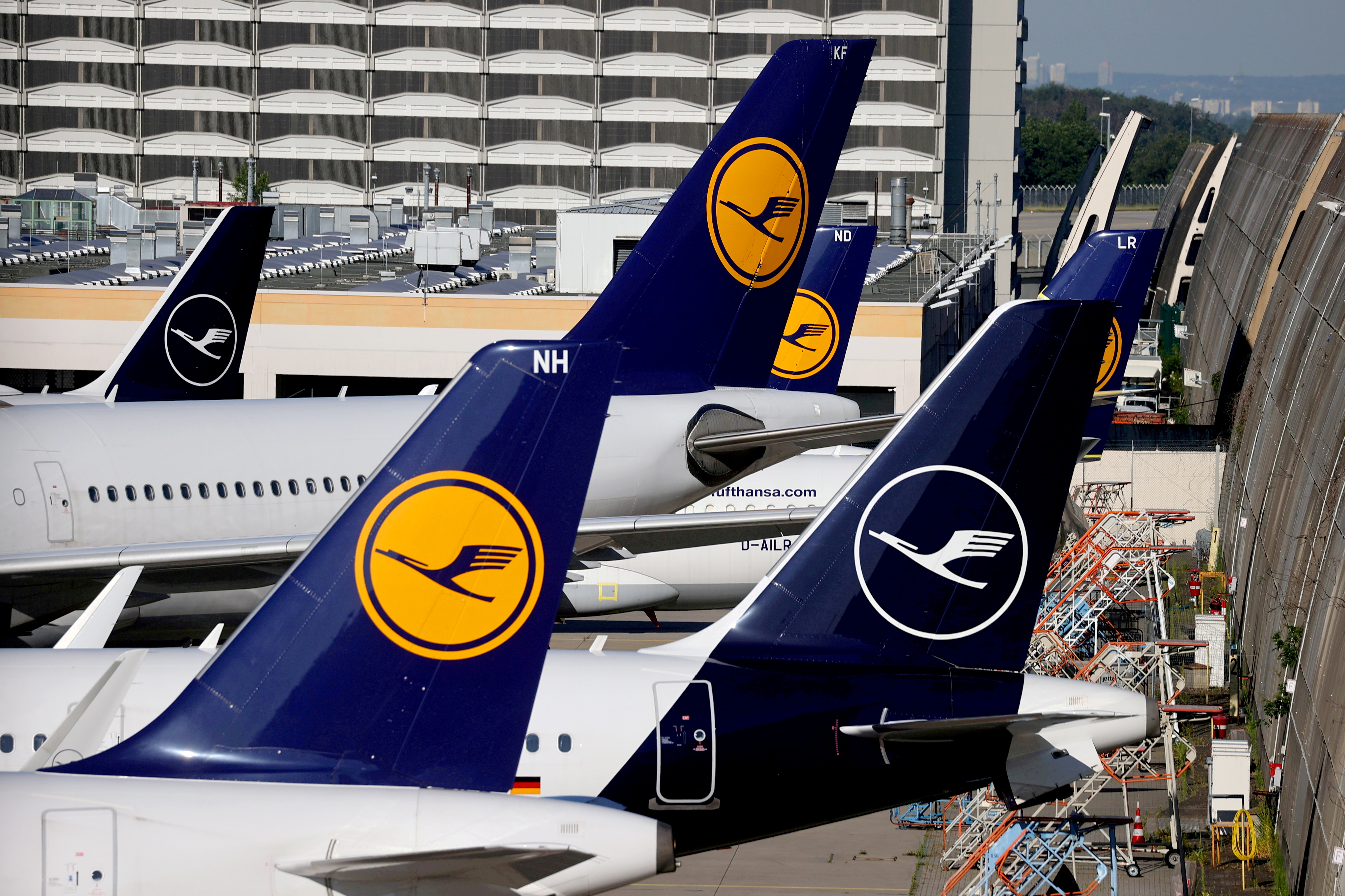 Lufthansa planes are seen parked on the tarmac of Frankfurt Airport, Germany June 25, 2020. 