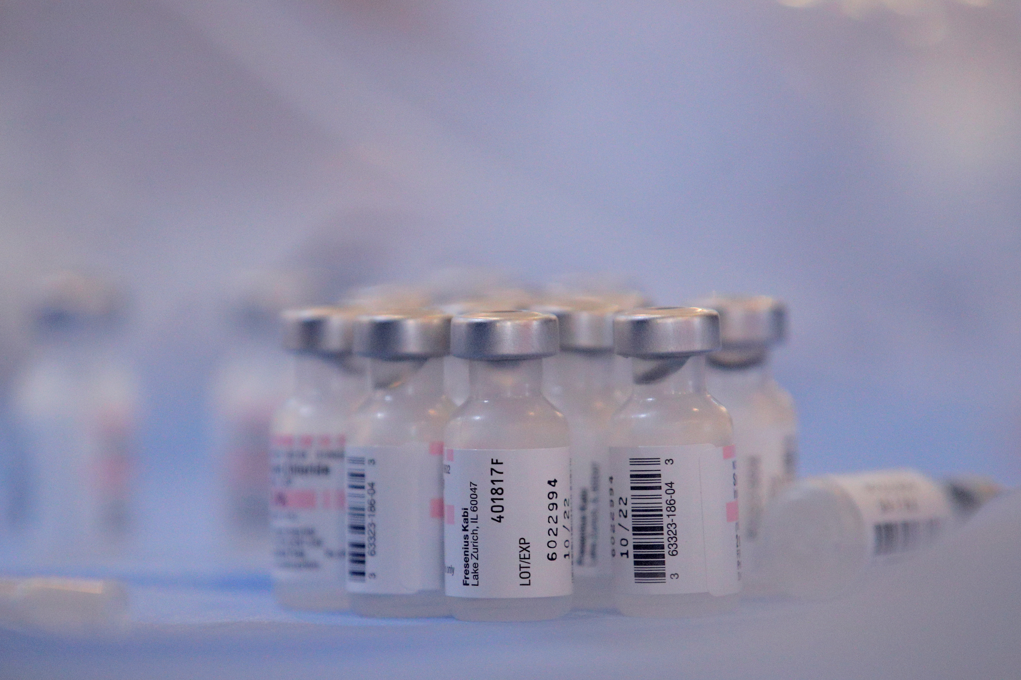 Vials of Pfizer's coronavirus disease (COVID-19) vaccine are seen at a pop-up community vaccination center at the Gateway World Christian Center in Valley Stream, New York