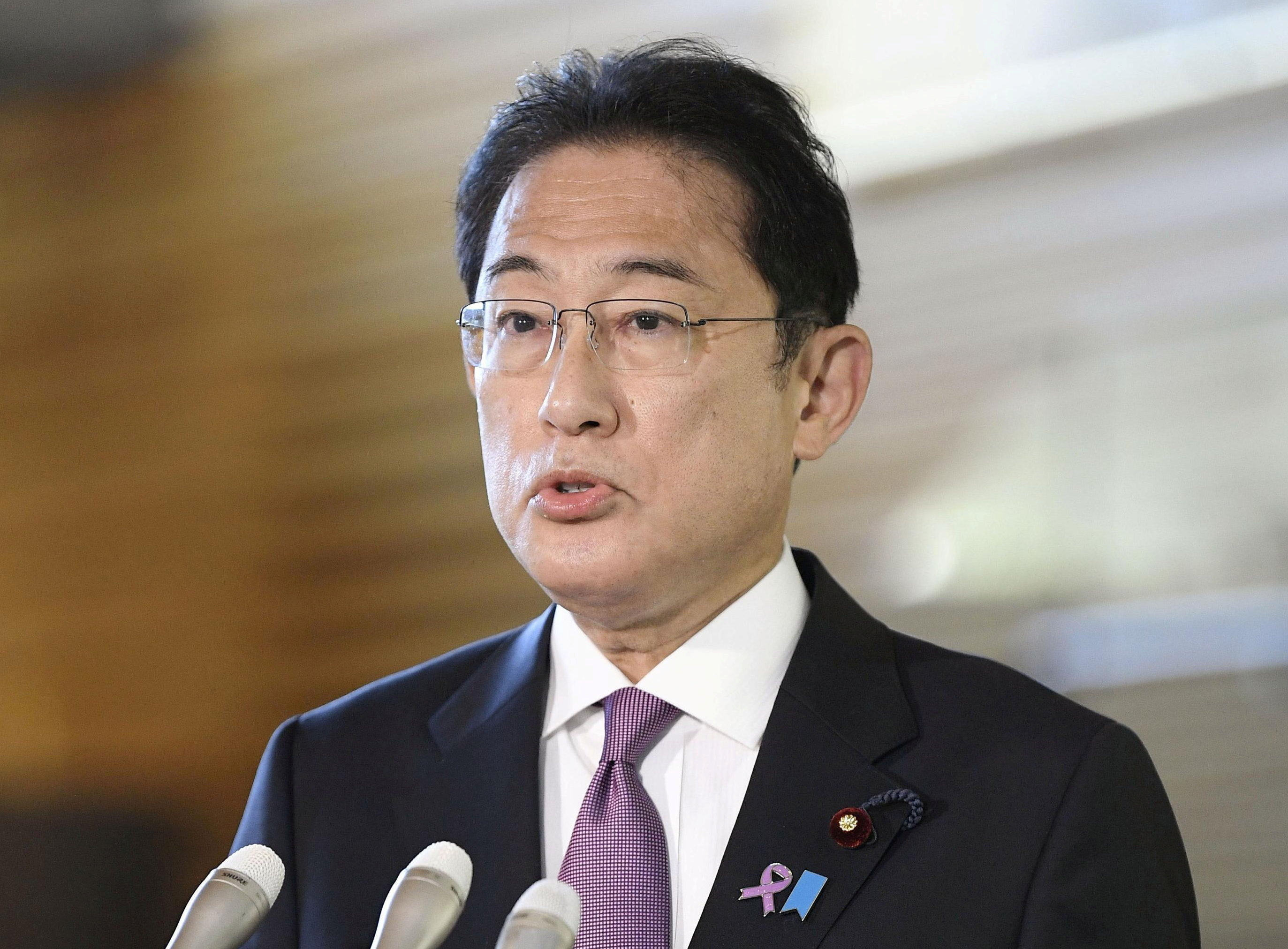 Japan's Prime Minister Fumio Kishida speaks to media in Tokyo