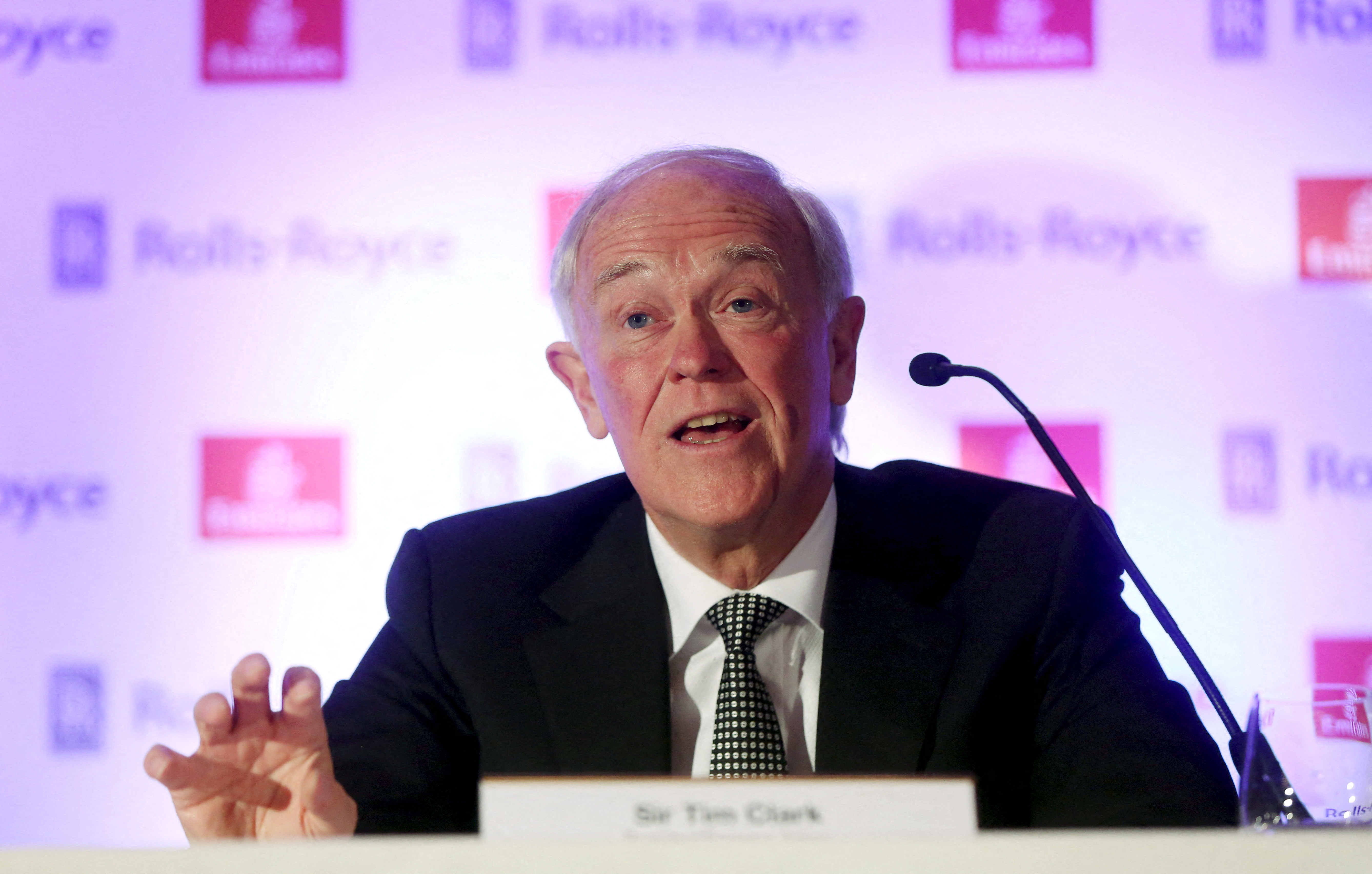 Emirates President Tim Clark speaks at a news conference in London
