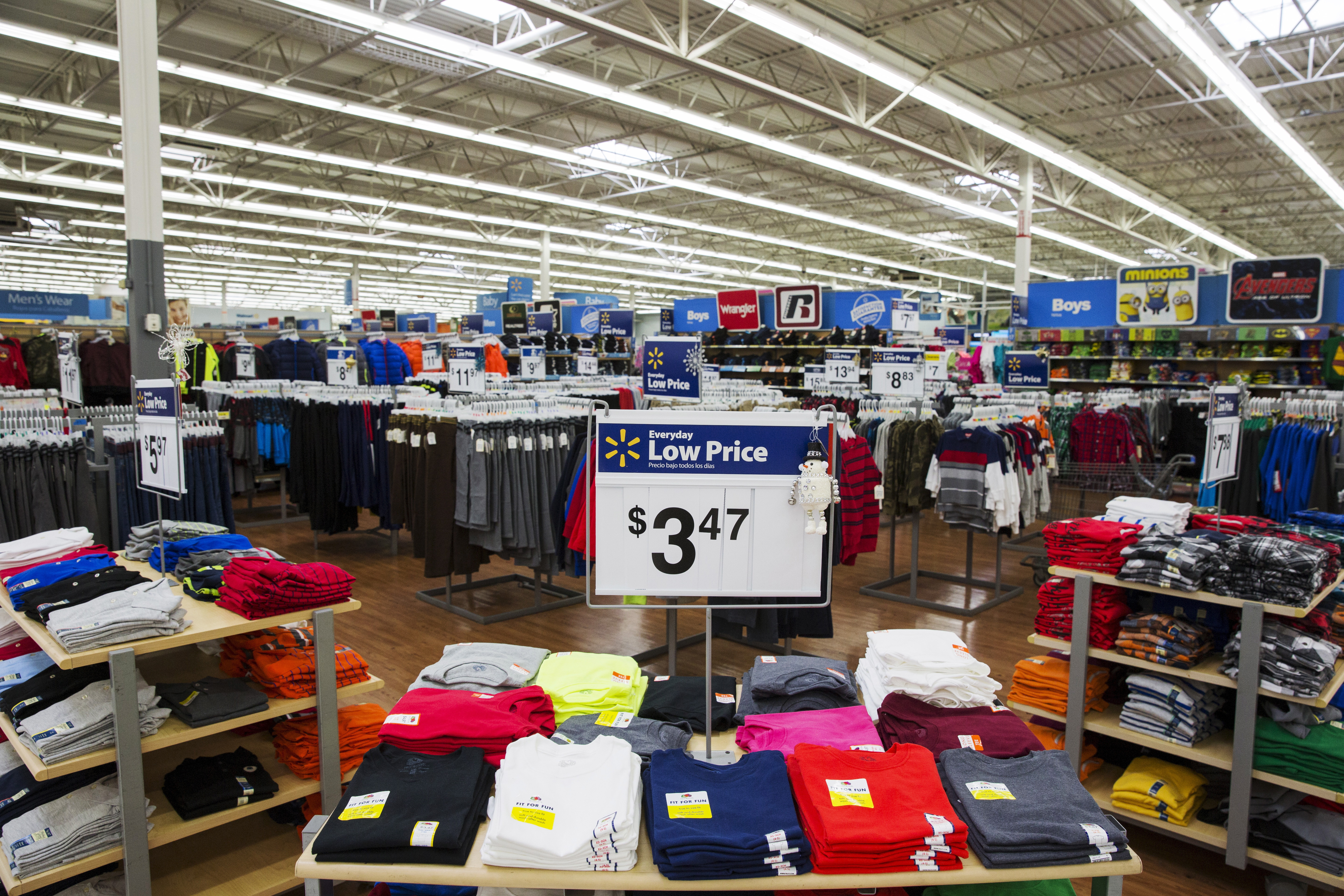 T-shirts are displayed in a Walmart store in Secaucus, New Jersey