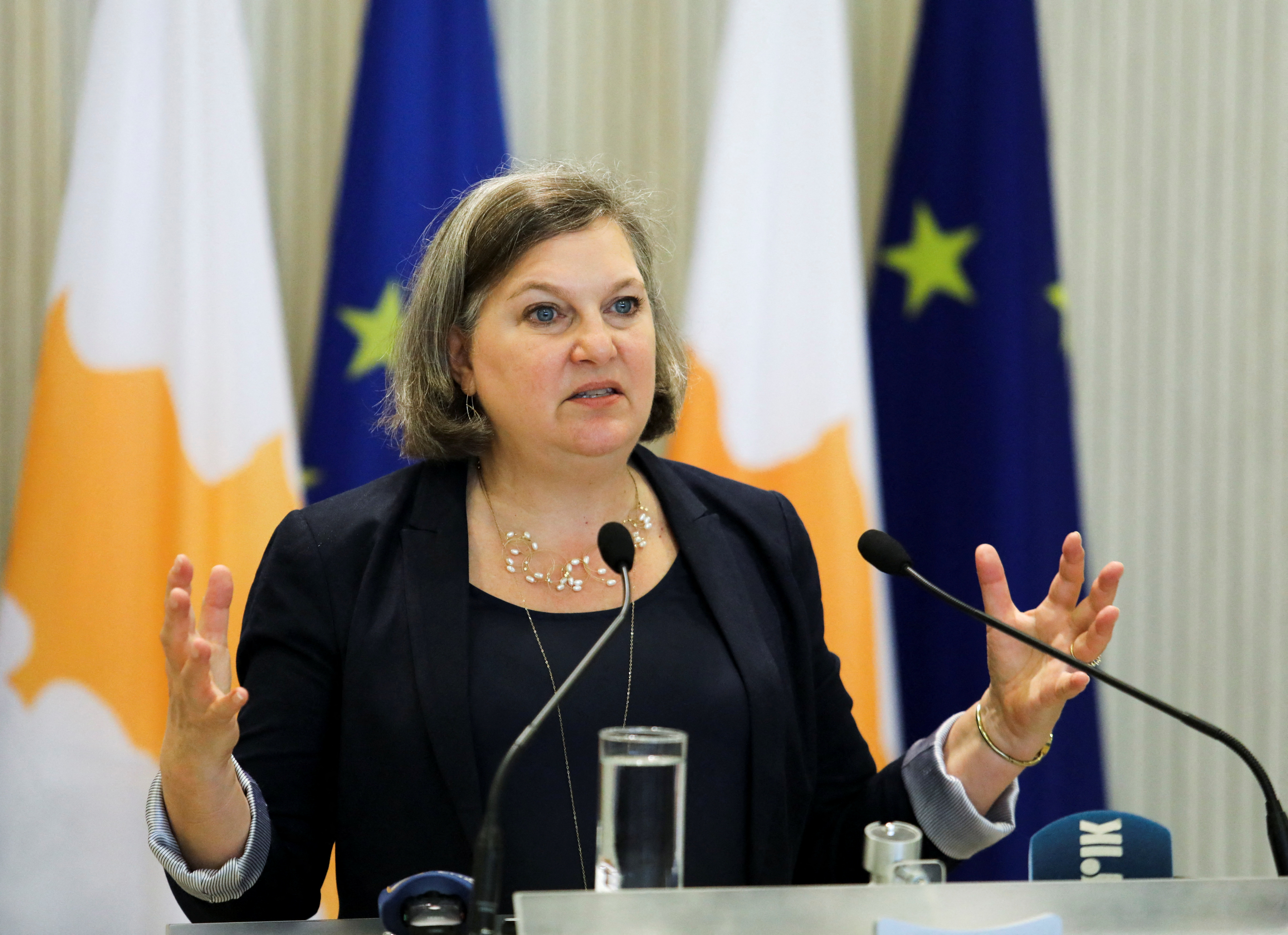 U.S. State Department Under Secretary for Public Affairs Victoria Nuland attends a news conference at the Presidential Palace in Nicosia