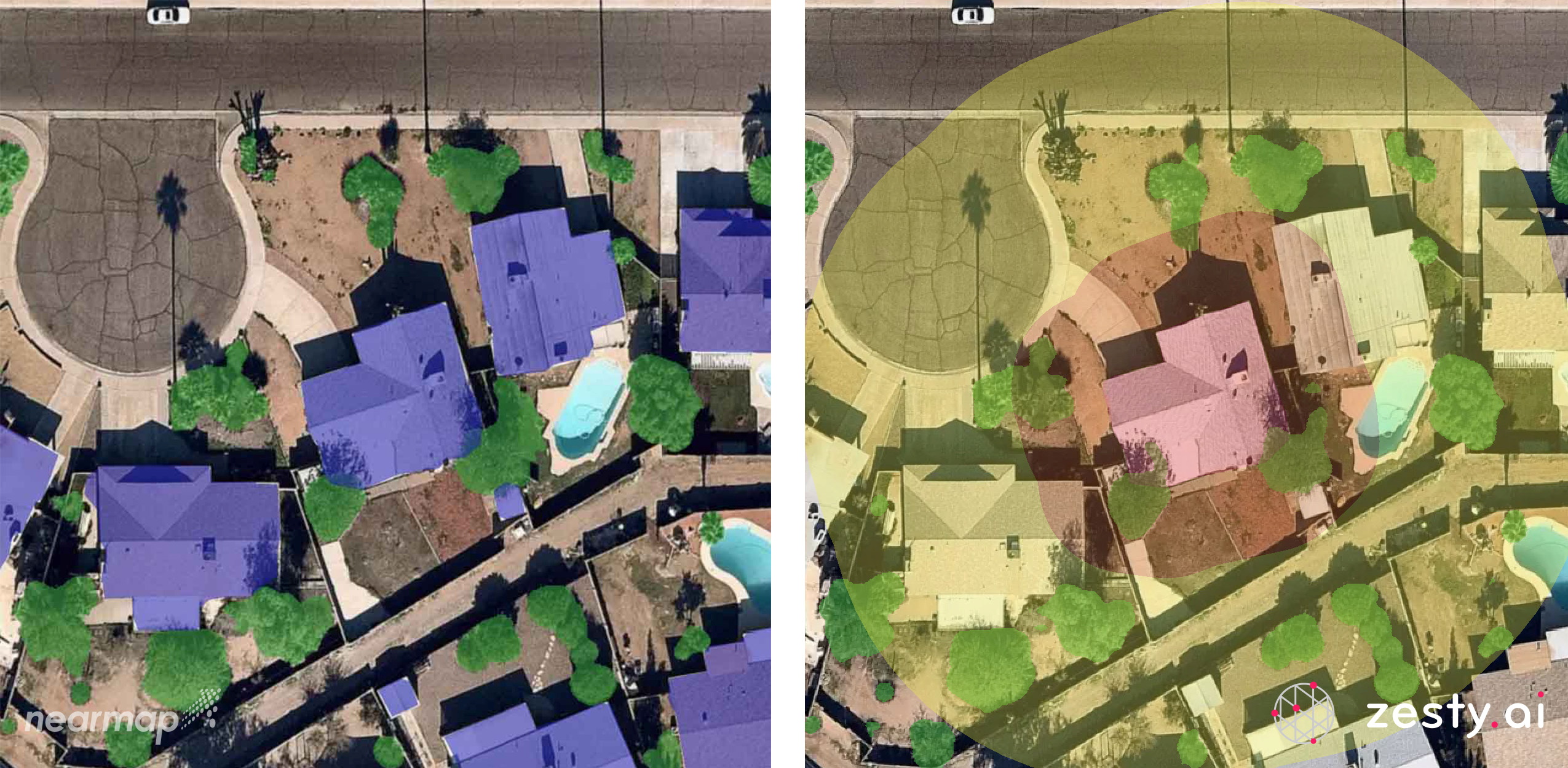 Handout combination image supplied shows Zesty.ai compute the fraction of an area occupied by combustible vegetation and if buildings are present, in California, U.S., in this undated 2020 image. Zesty.ai and Nearmap/Handout via REUTERS   