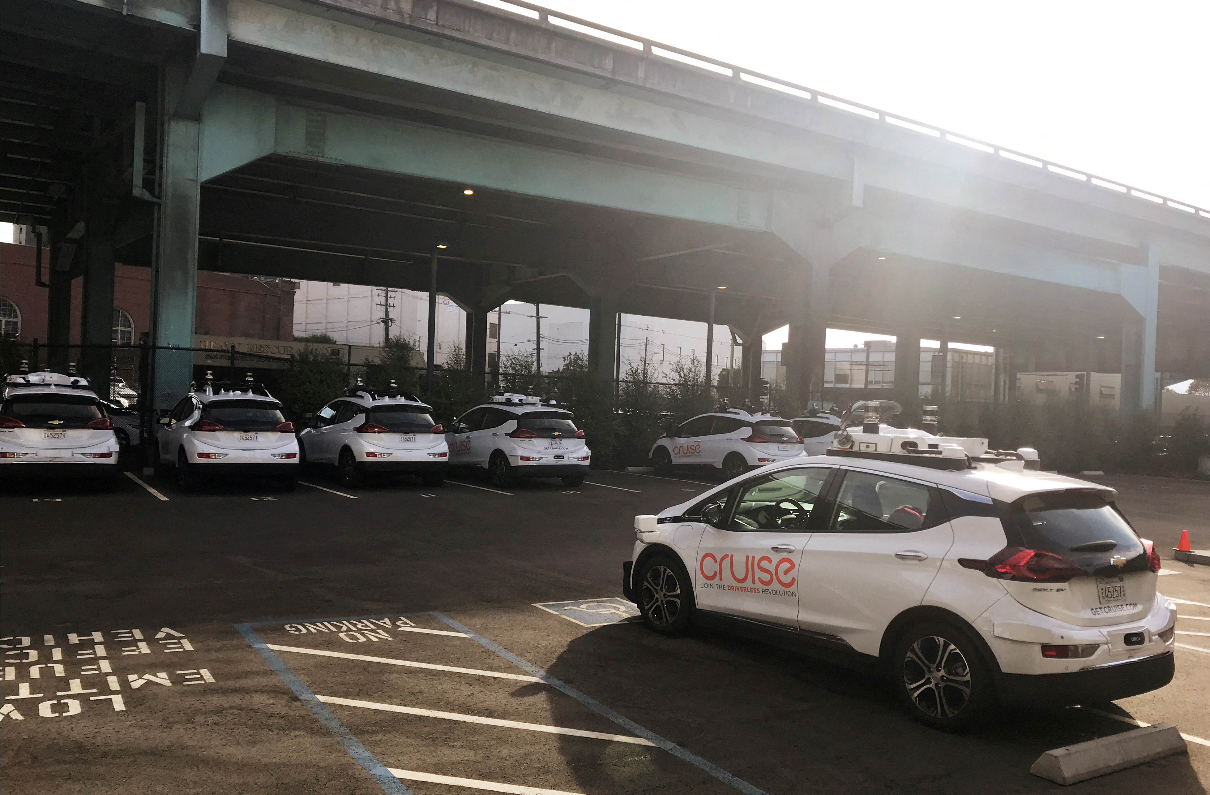 A Cruise self-driving car, which is owned by General Motors Corp, is seen outside the company’s headquarters in San Francisco