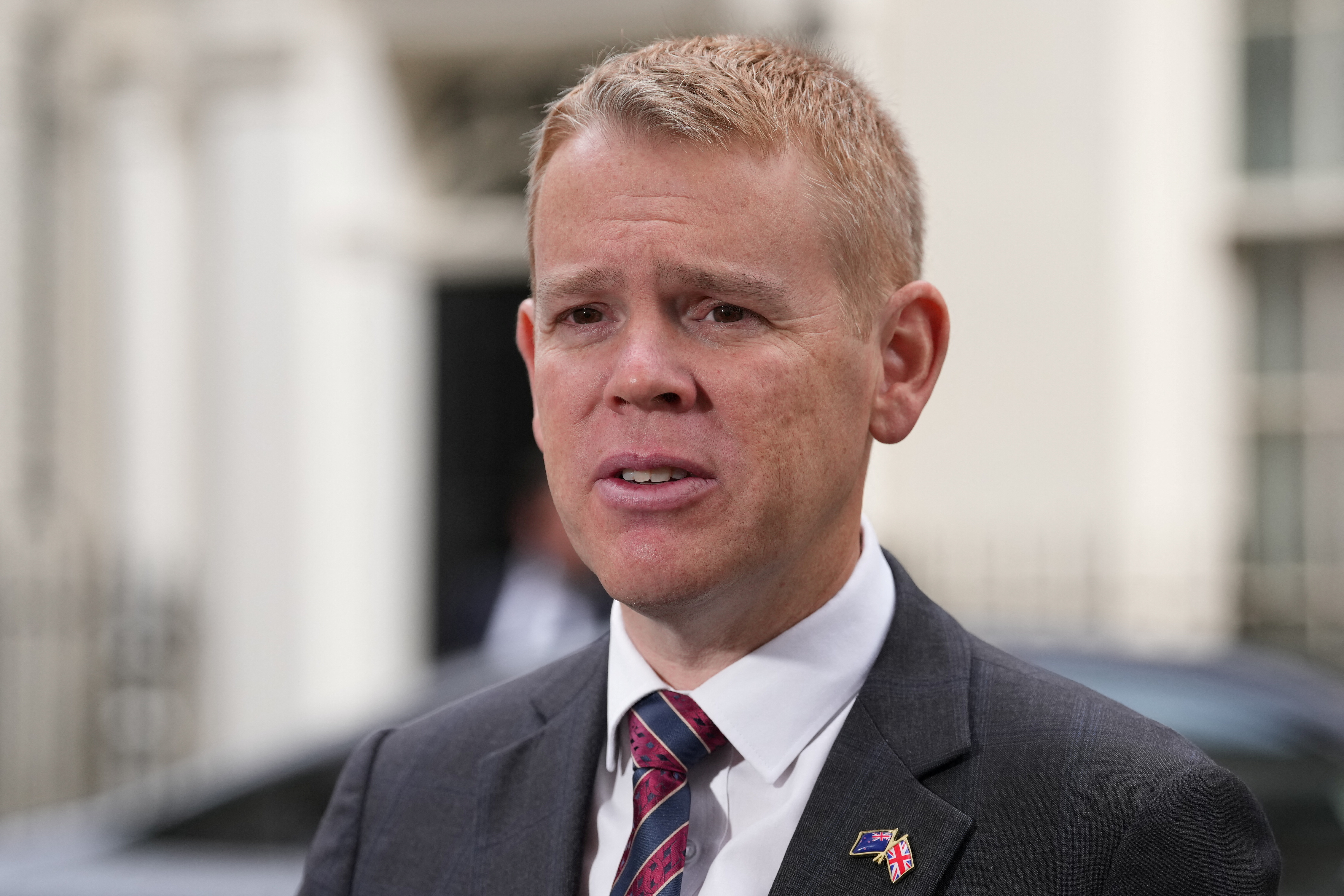 New Zealand's Prime Minister Chris Hipkins speaks to the media at Downing Street in London