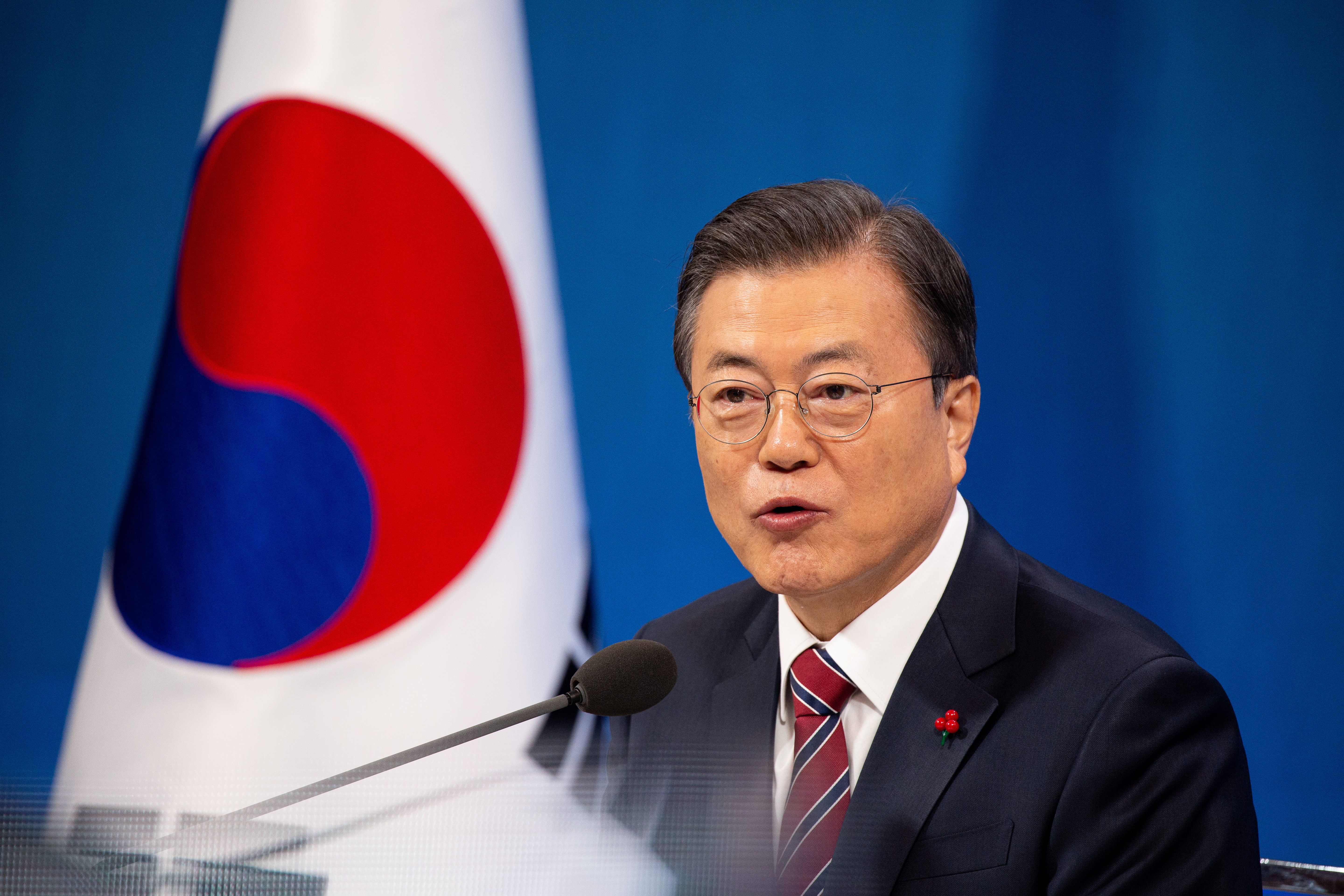 South Korean President Moon Jae-in holds an online New Year news conference in Seoul