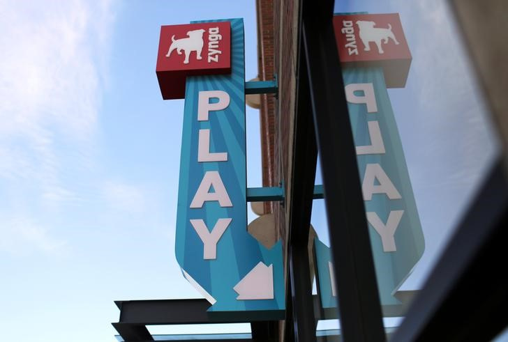 Le logo Zynga est représenté au siège de la société à San Francisco