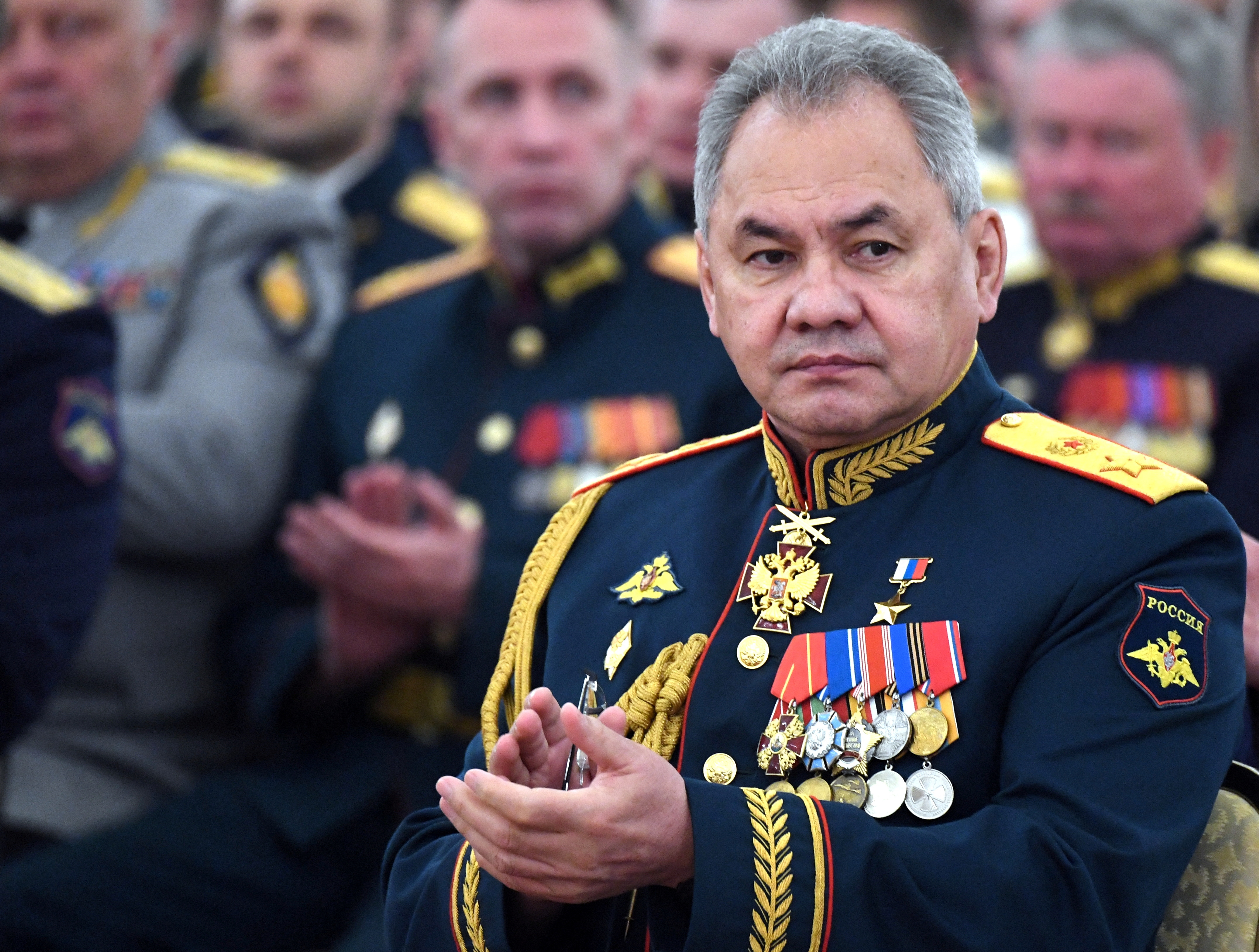 Russian Defence Minister Sergei Shoigu meets graduates from military academies in Moscow