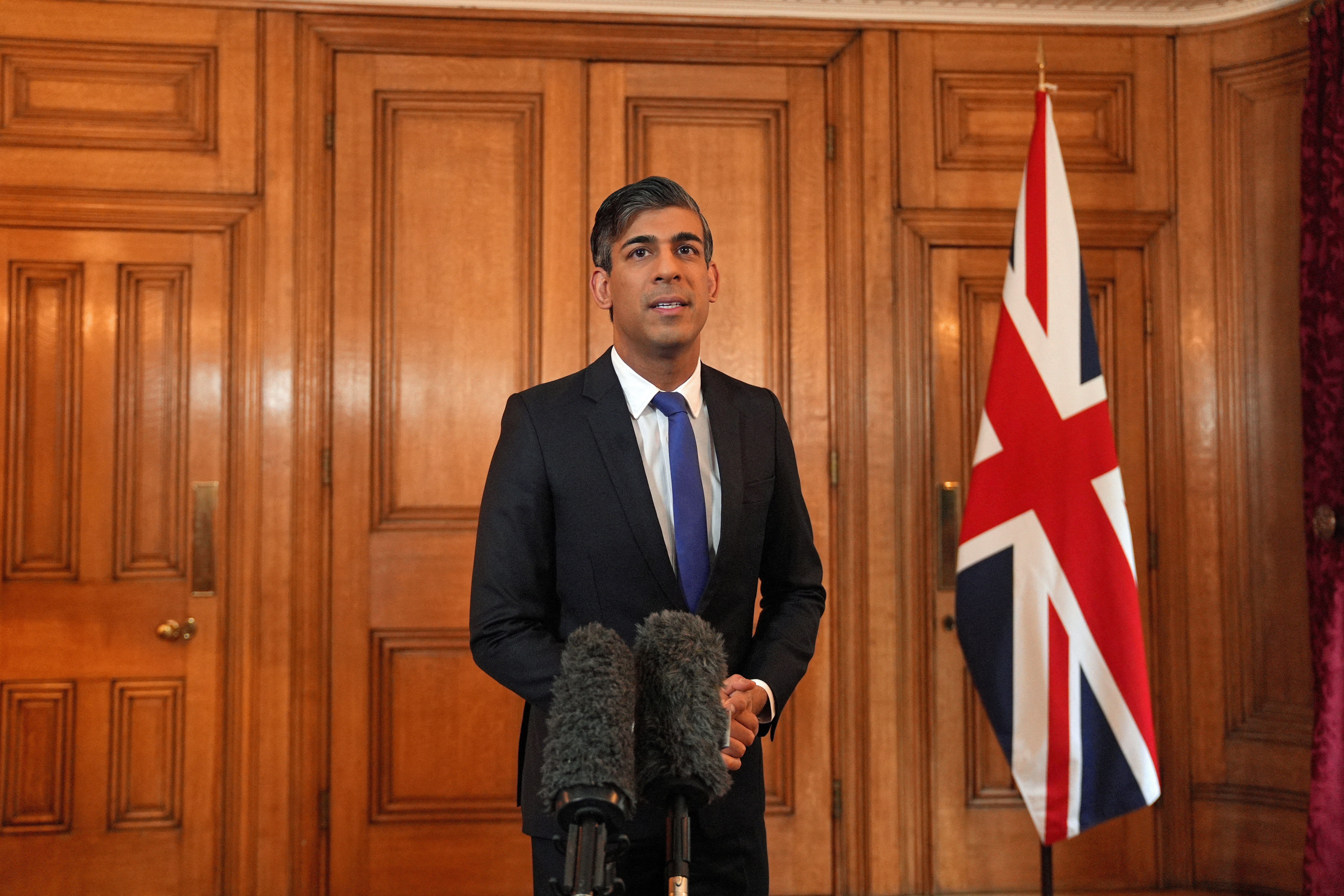 British Prime Minister Rishi Sunak issues a statement at 10 Downing Street, London