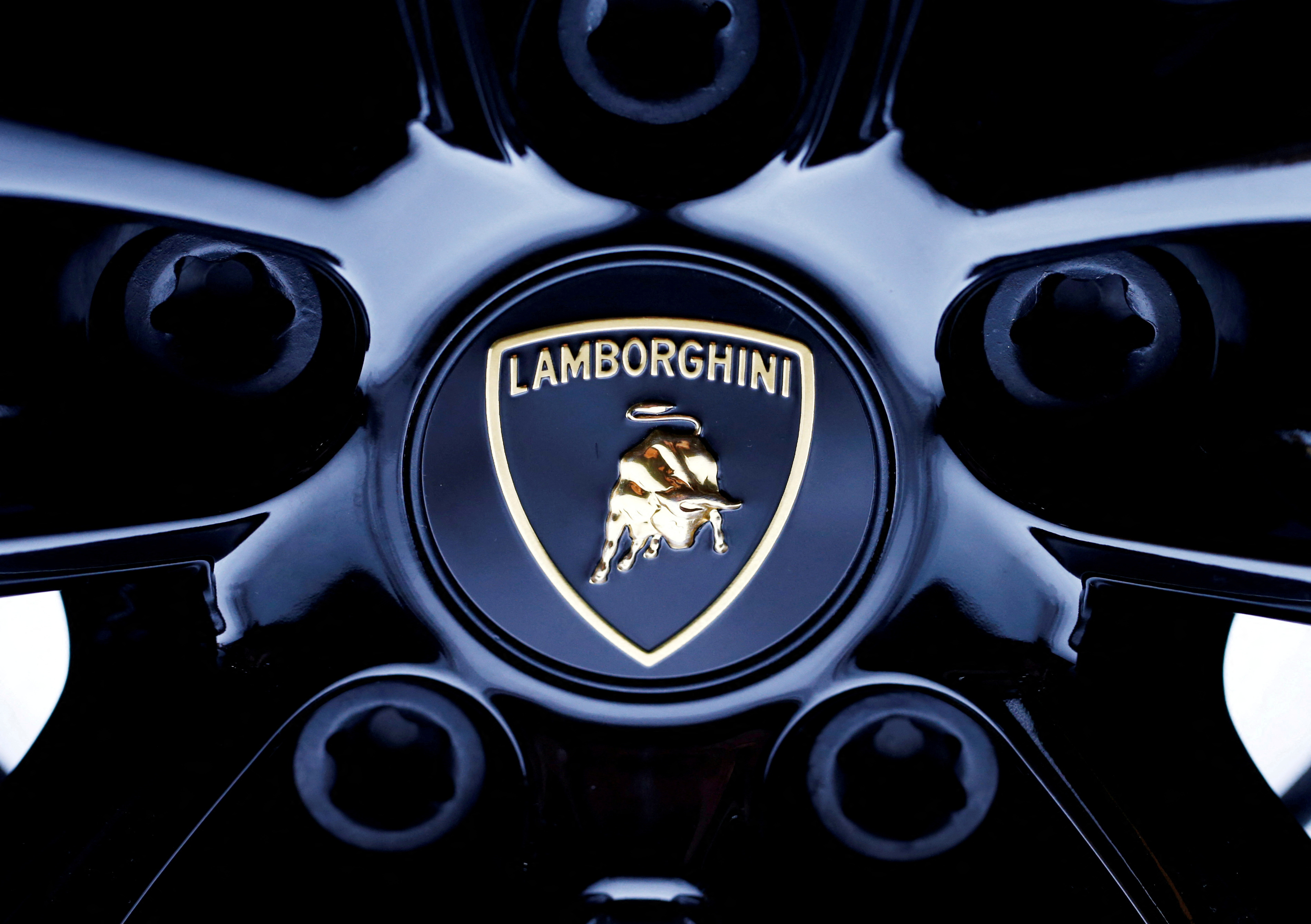The wheel hub of a Lamborghini car is seen during the 87th International Motor Show at Palexpo in Geneva