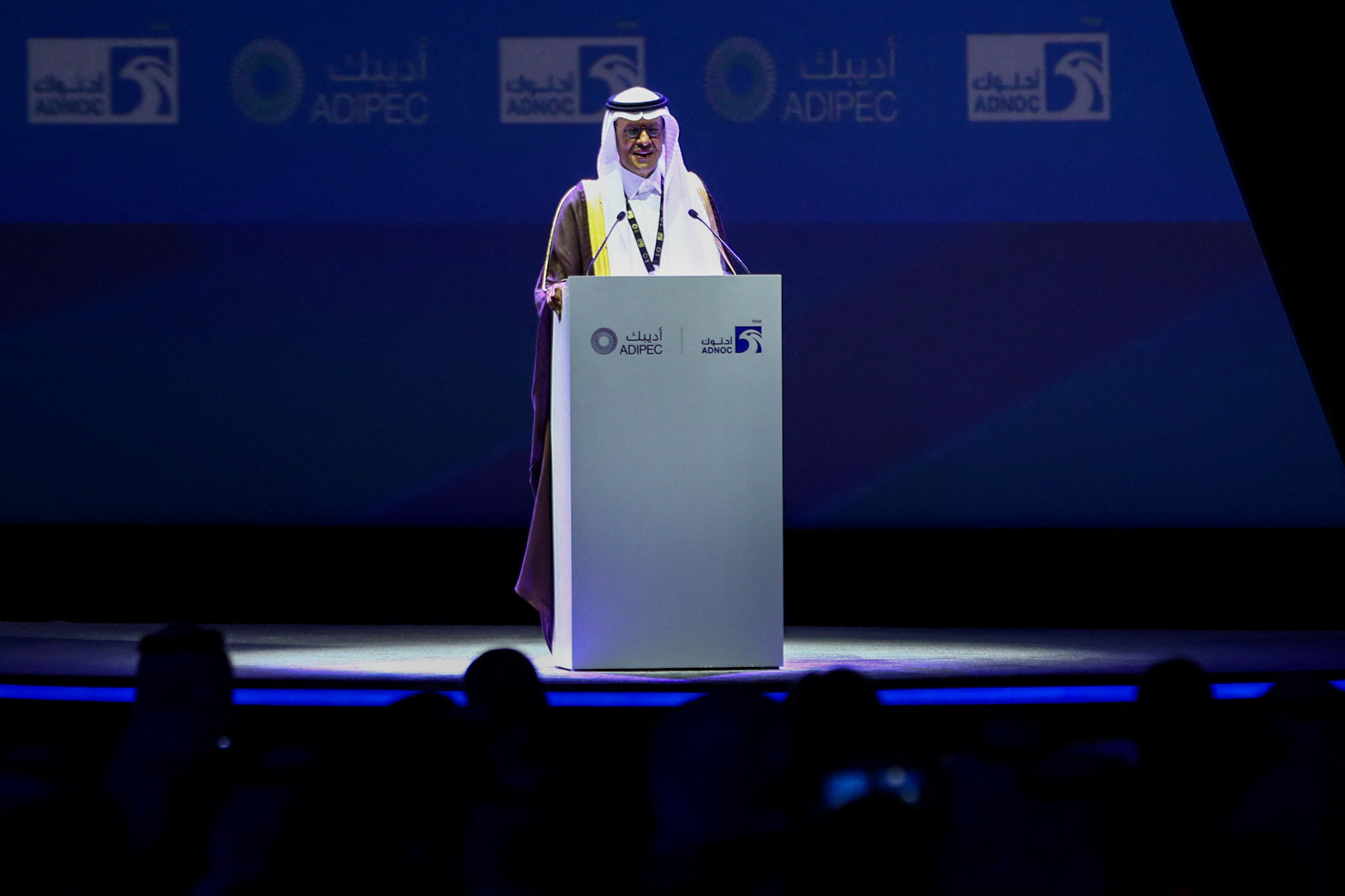 Saudi Arabia's Minister of Energy Prince Abdulaziz bin Salman Al-Saud speaks during the Abu Dhabi International Petroleum Exhibition and Conference (ADIPEC) in Abu Dhabi