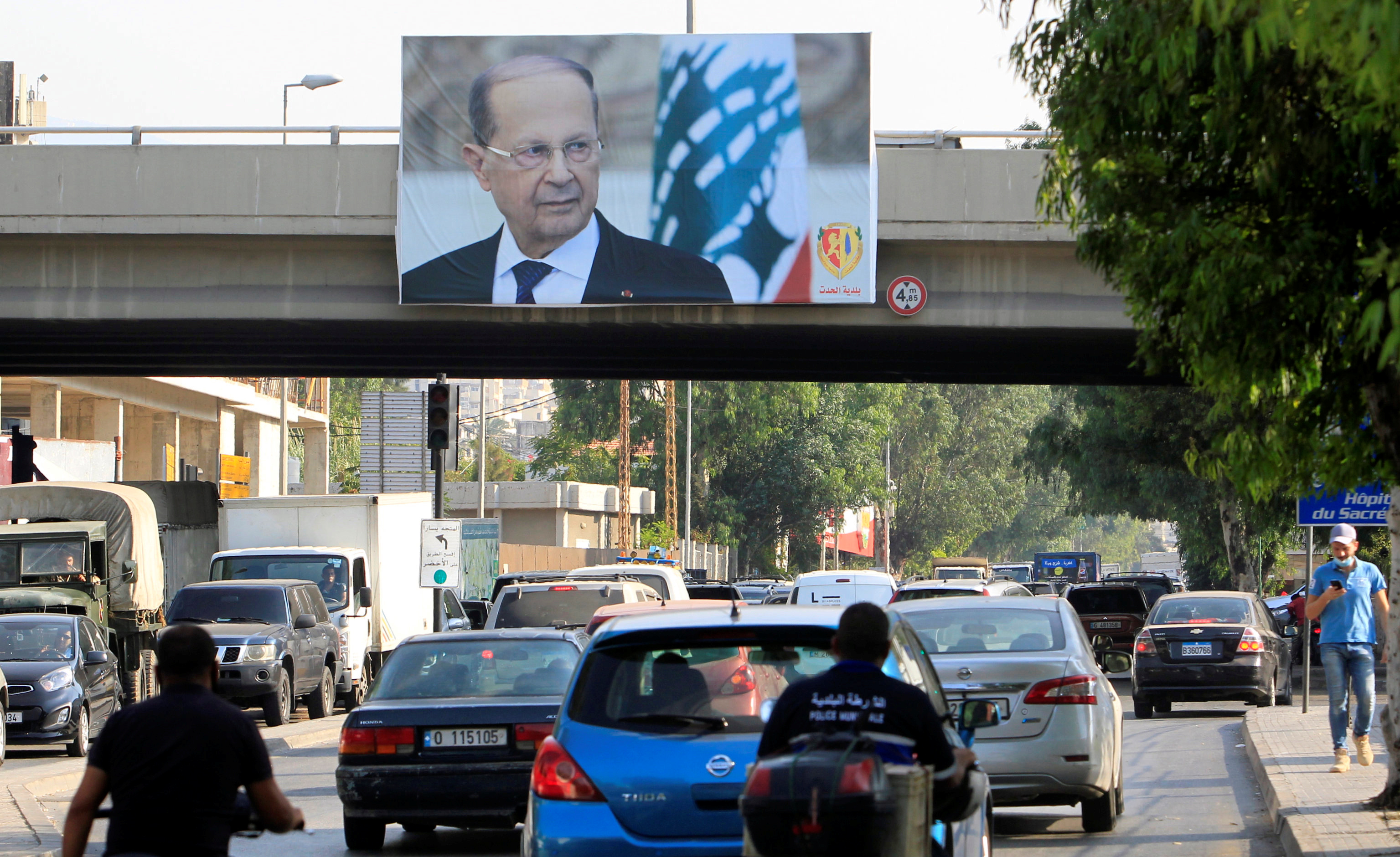 A poster of Lebanon's President Michel Aoun is seen in Hadath