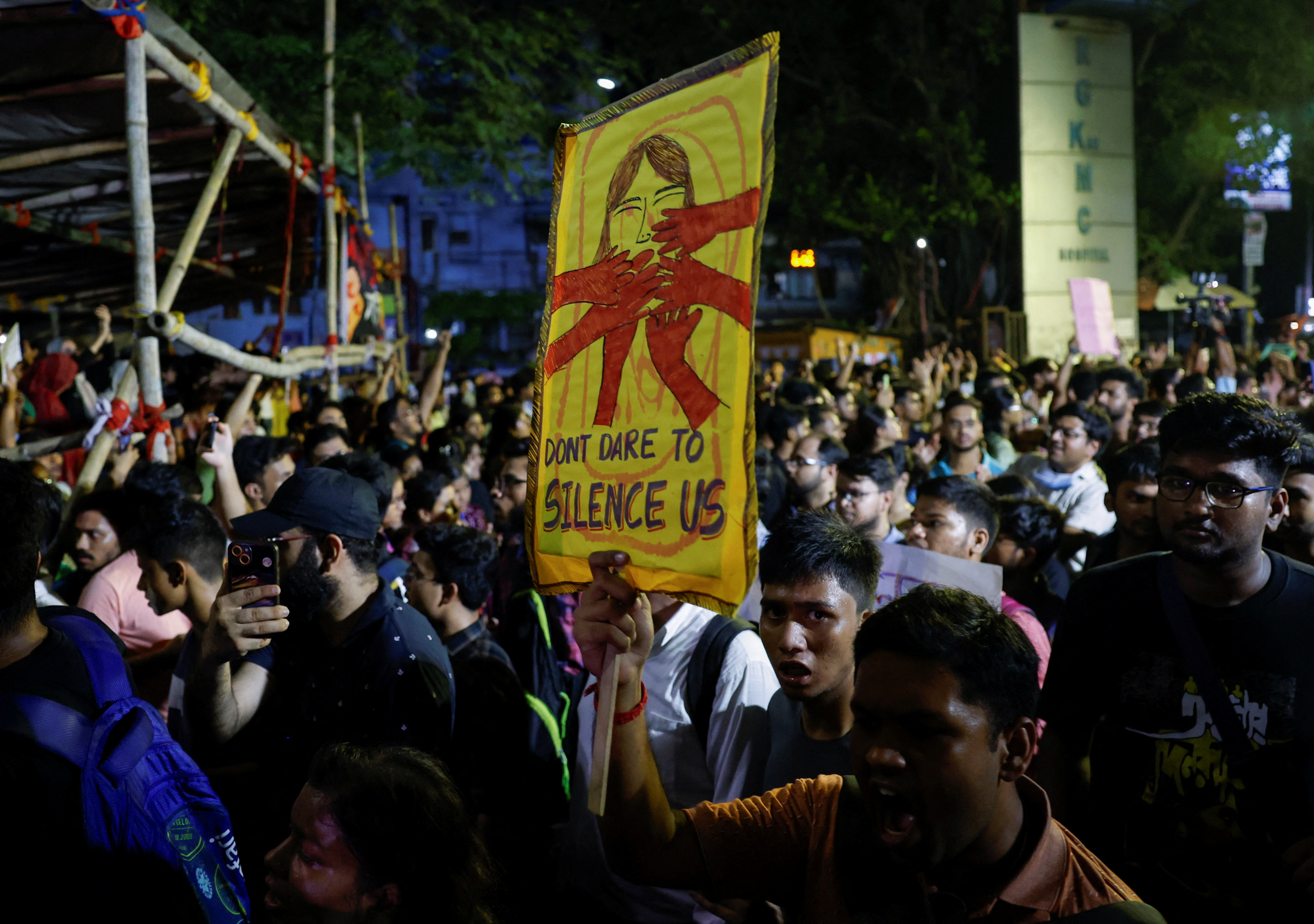 People protest against what they say is rape and murder of a trainee doctor, inside the premises of R G Kar Medical College and Hospital in Kolkata