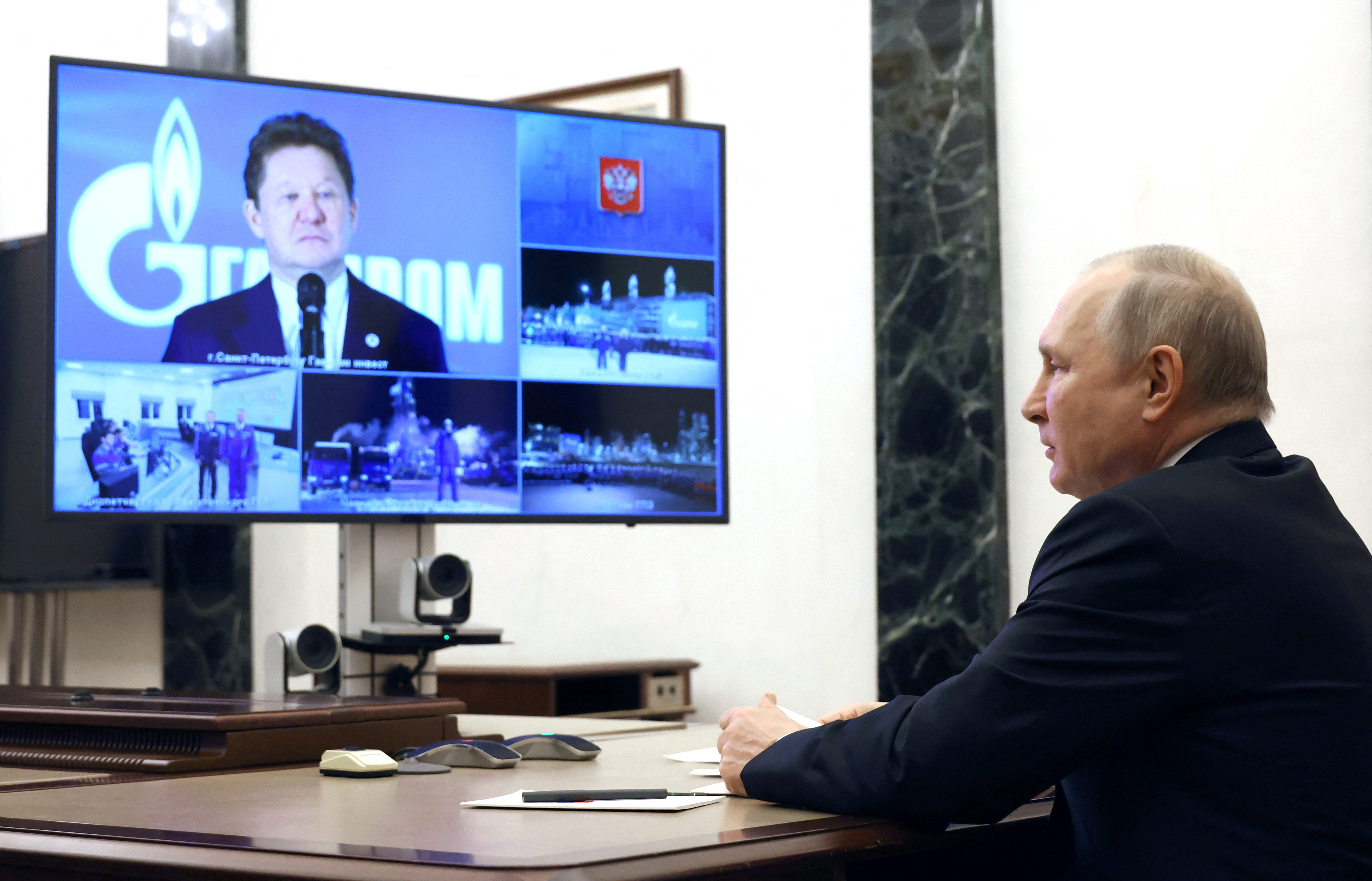 Russian President Putin takes part in a ceremony launching production at a gas field, via a video link in Moscow