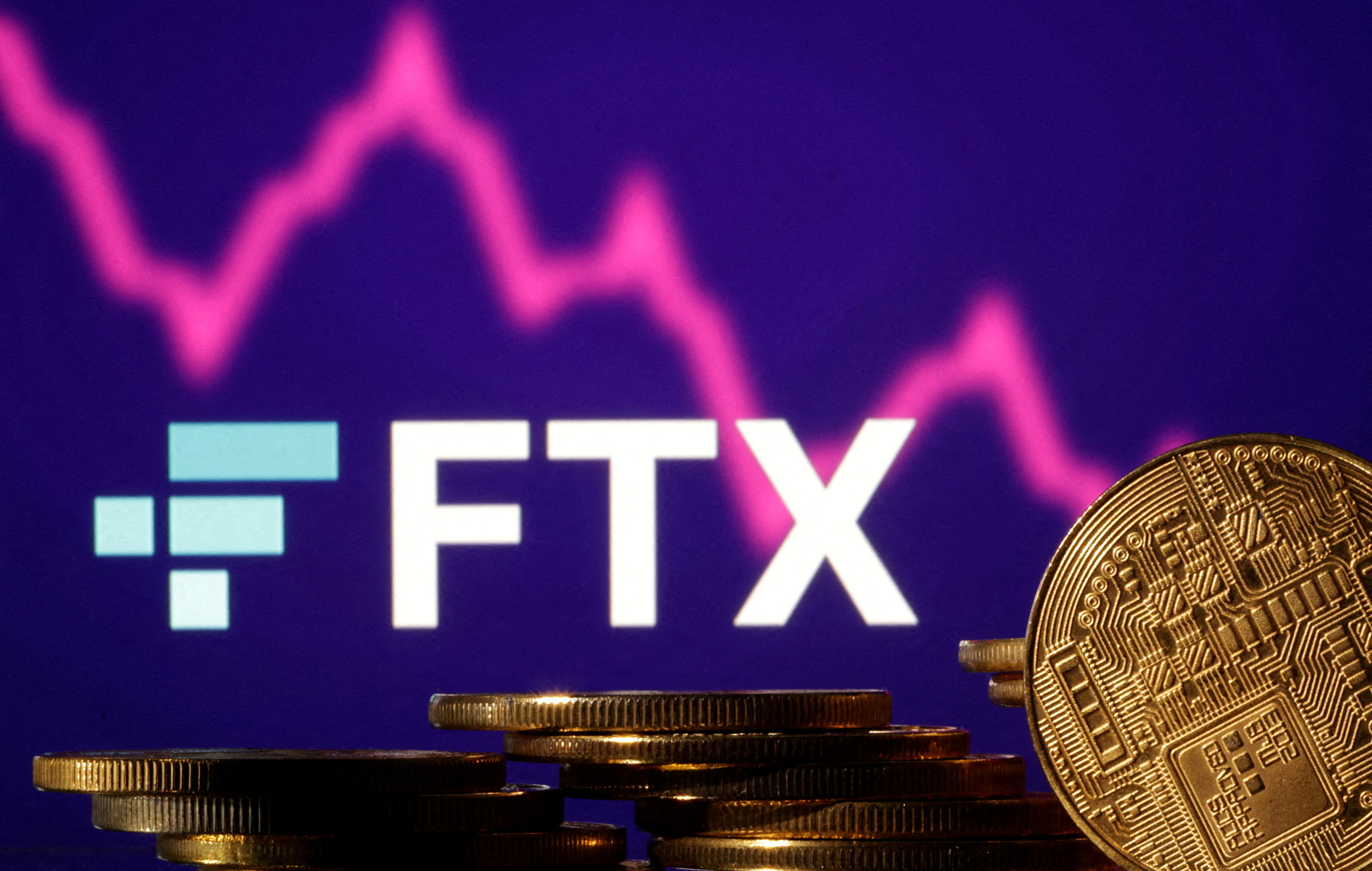 Illustration shows FTX logo, stock graph and representation of cryptocurrencies