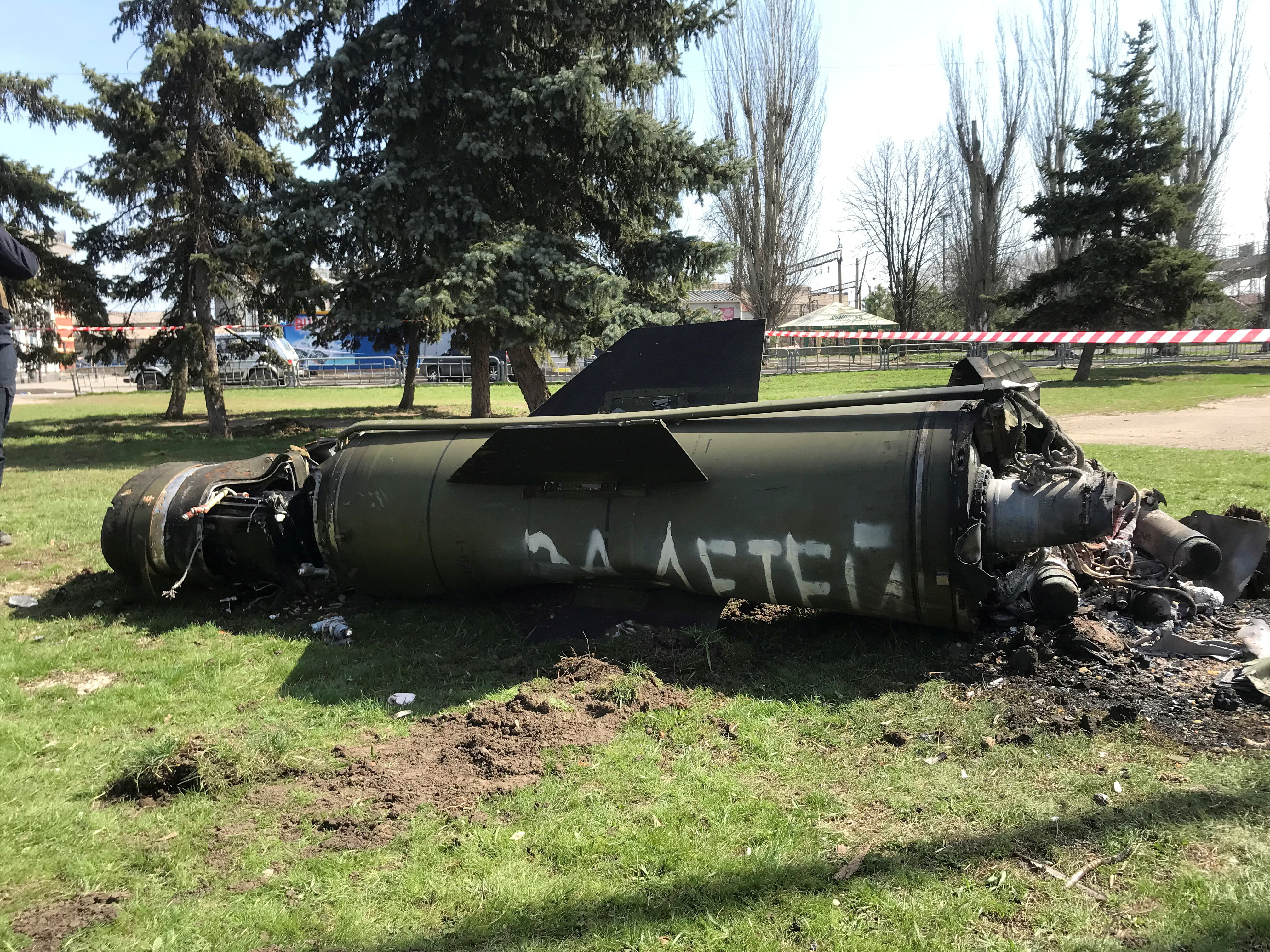 Remains of a missile are seen near a rail station in Kramatorsk