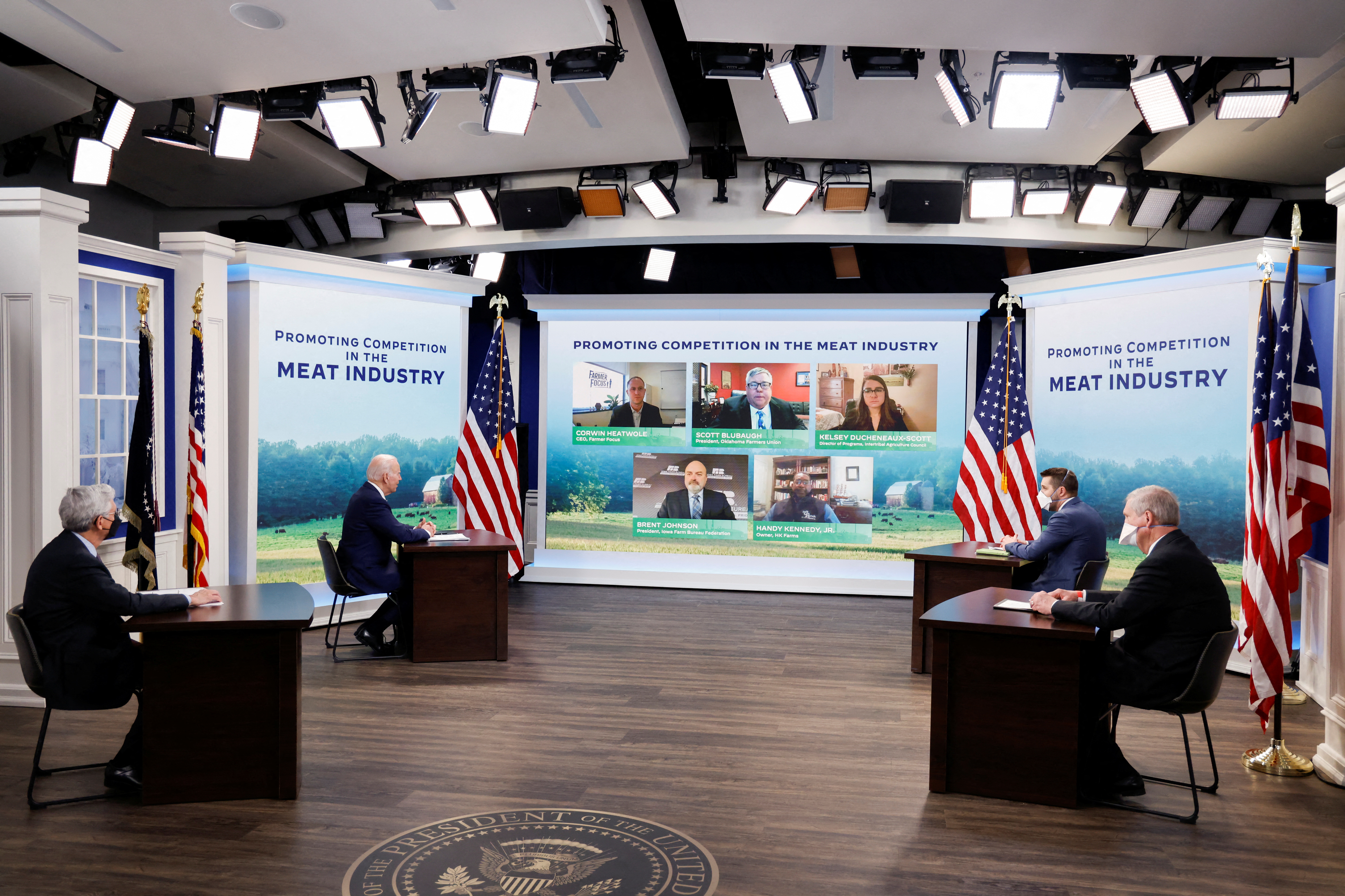 U.S. President Biden holds a video conference with farmers, ranchers and meat processors, in Washington