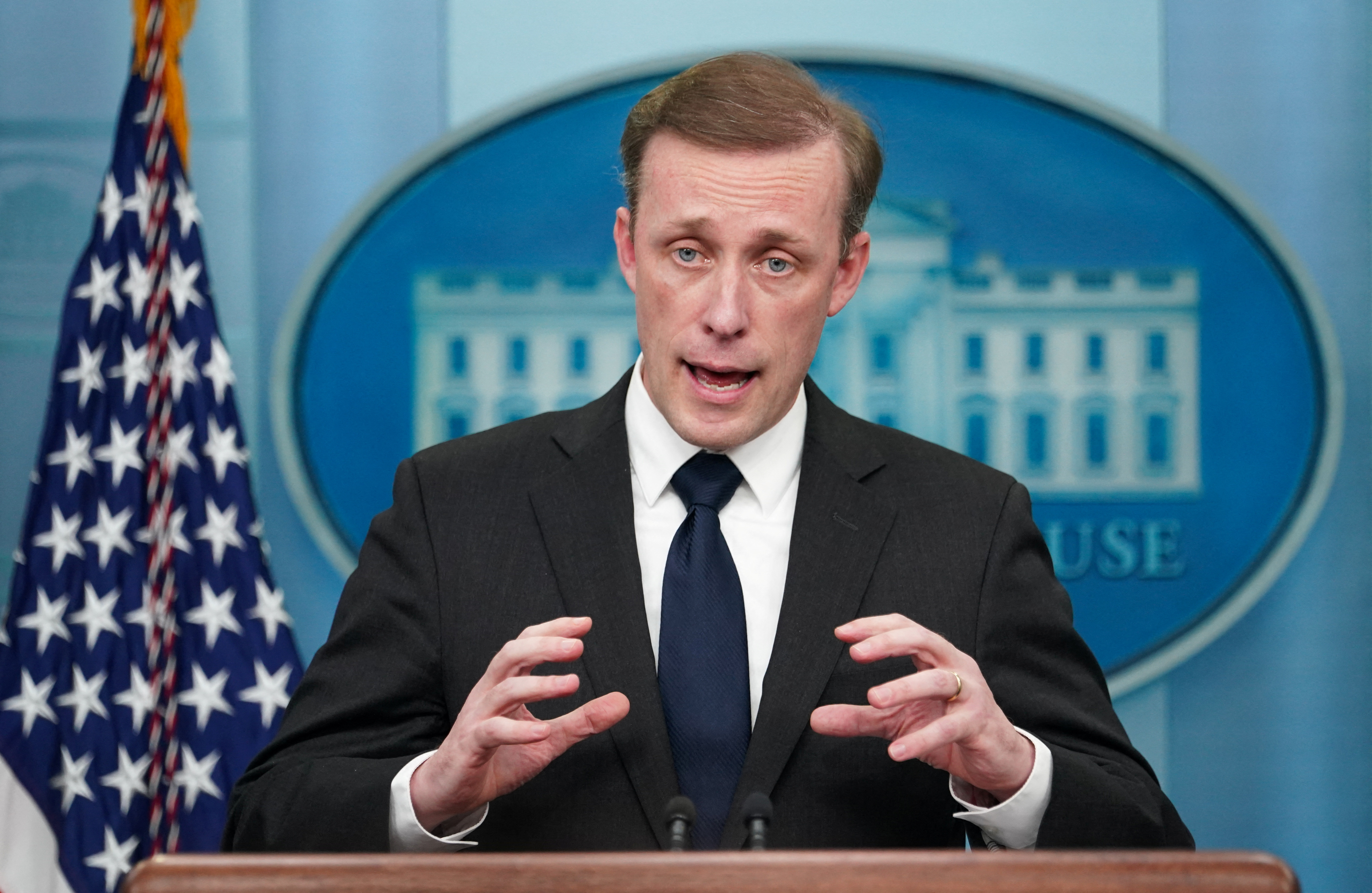 Jake Sullivan speaks at a press briefing at the White House in Washington