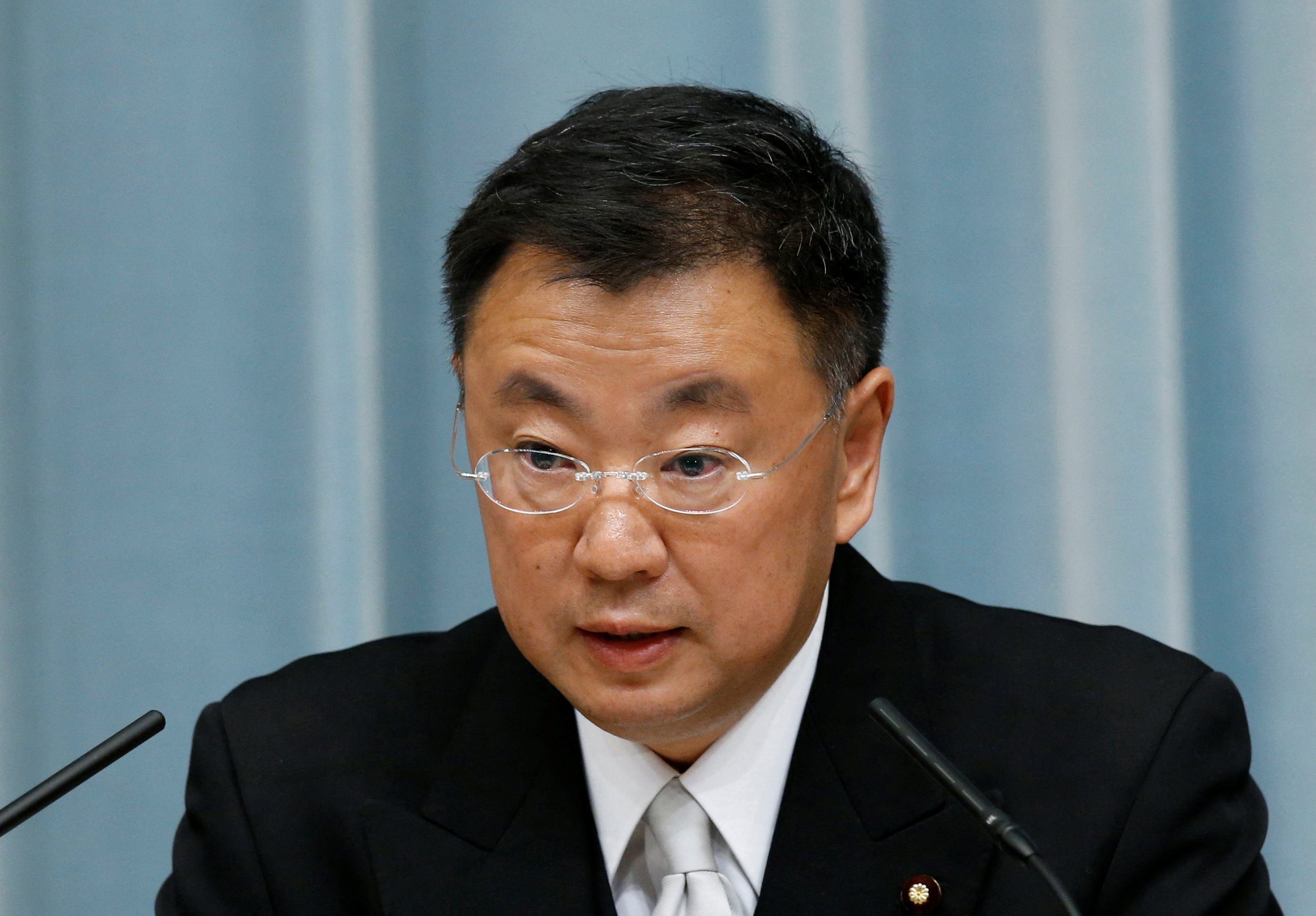 Matsuno speaks at a news conference at Prime Minister Shinzo Abe's official residence in Tokyo