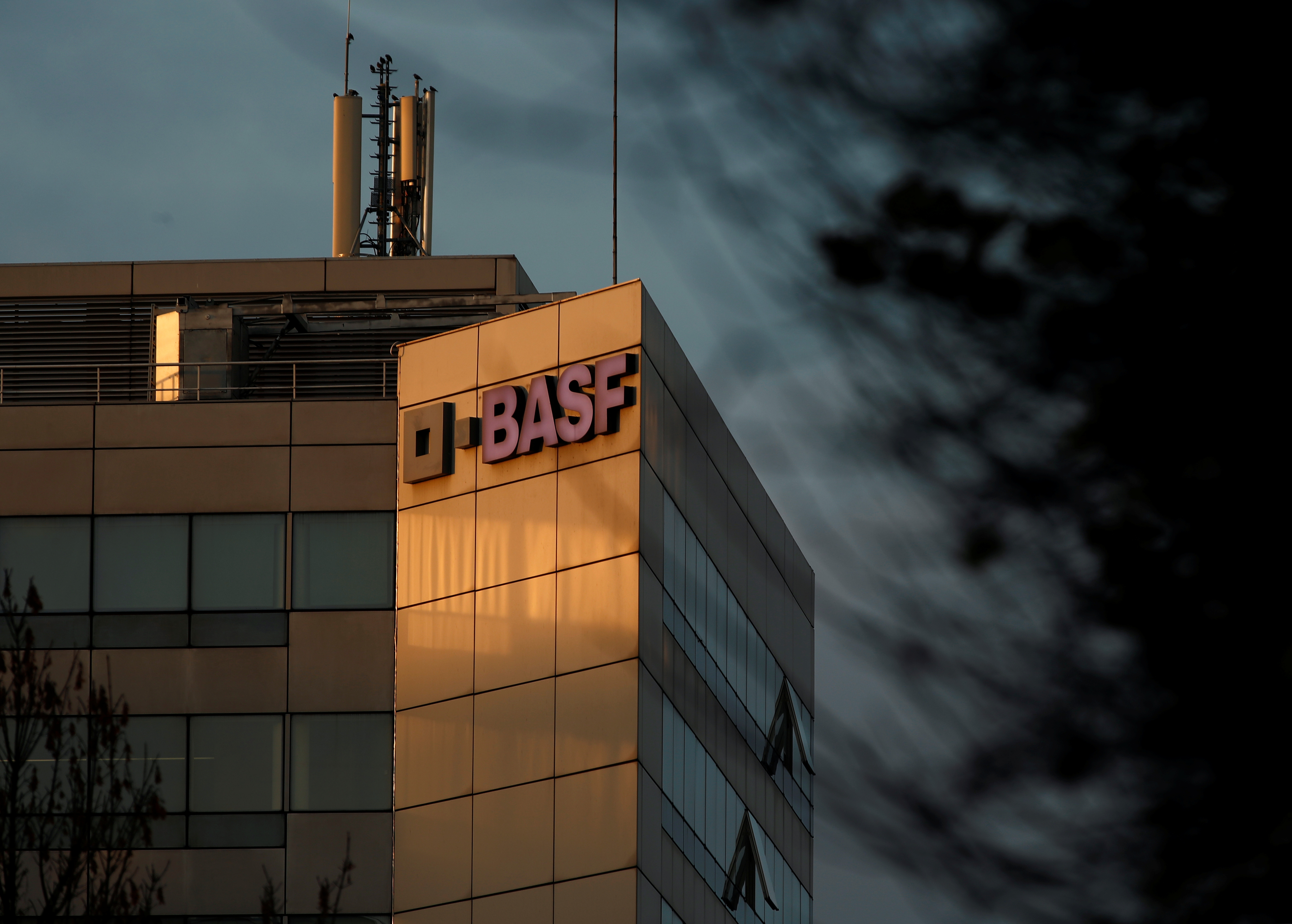 The chemical company BASF building in Levallois-Perret is seen at sunset