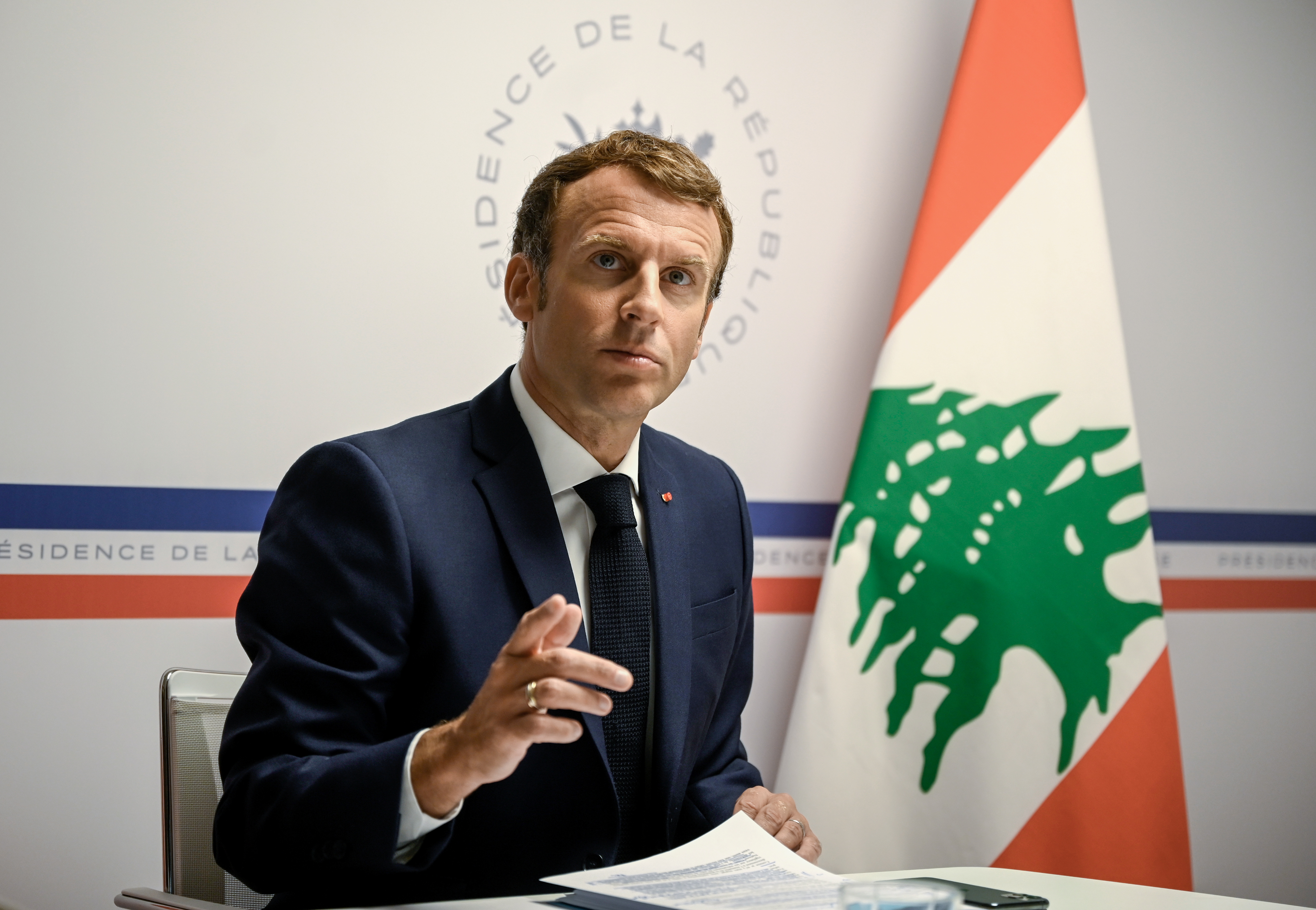 France's President Emmanuel Macron attends the Lebanon donors' conference at Fort de Bregancon, in Bormes-Les-Mimosas