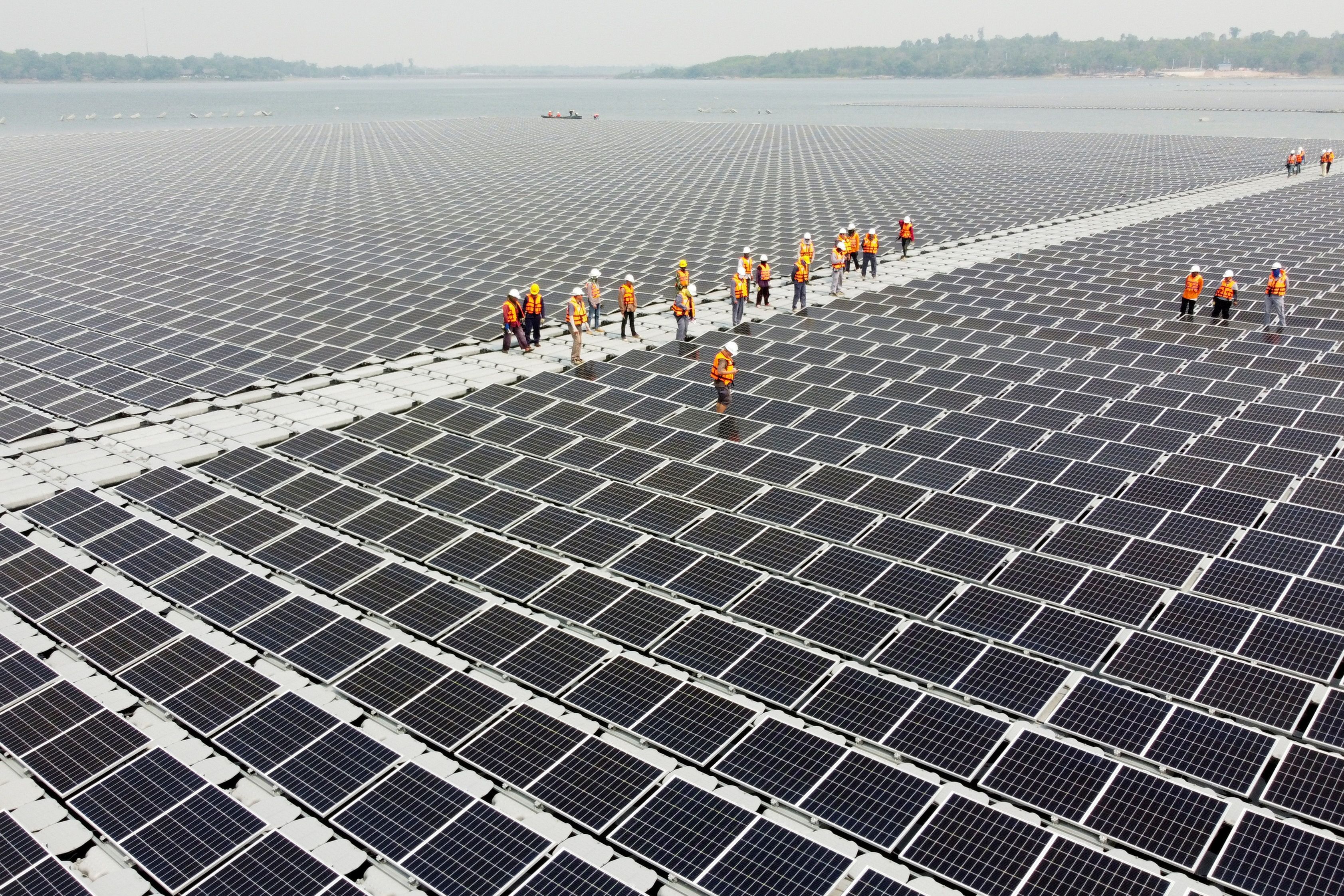 Solar panels over the water surface of Sirindhorn Dam in Ubon Ratchathani