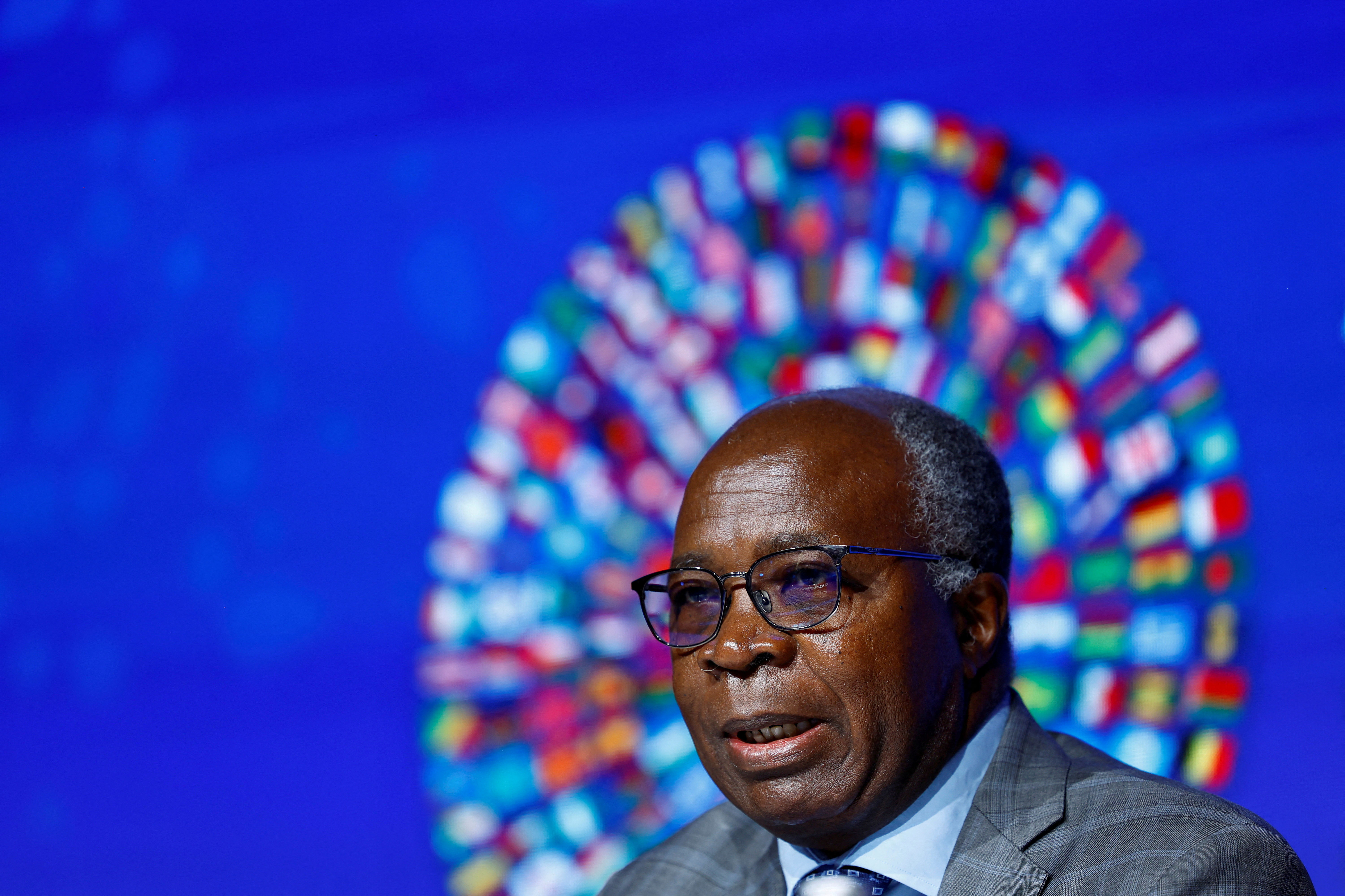 Zambian Finance Minister Situmbeko Musokotwane participates in a panel at the annual meeting of the International Monetary Fund and the World Bank