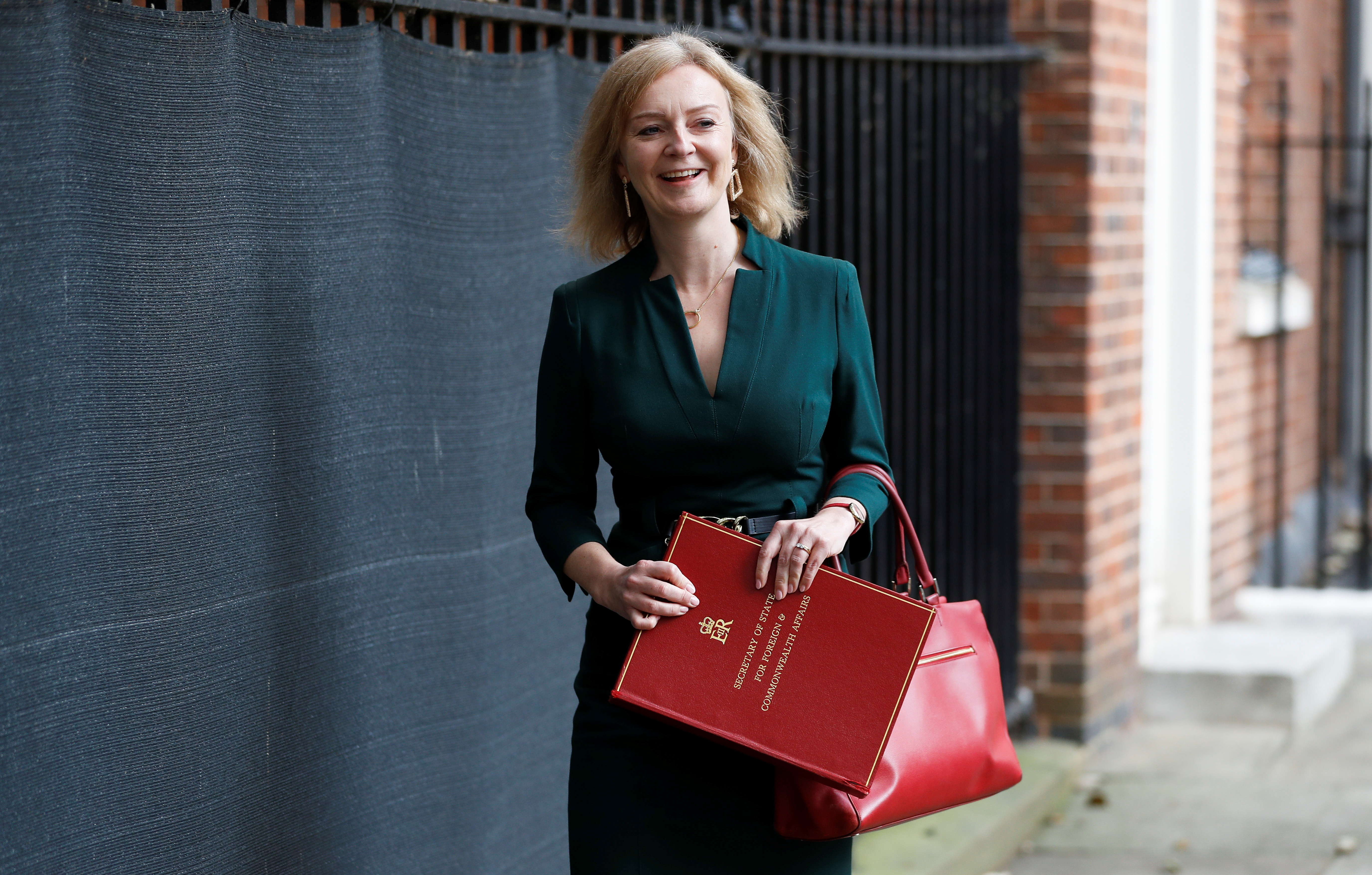 Britain's recently appointed Foreign Secretary Liz Truss leaves Downing Street after the cabinet meeting, in London, Britain September 17, 2021. REUTERS/Peter Nicholls