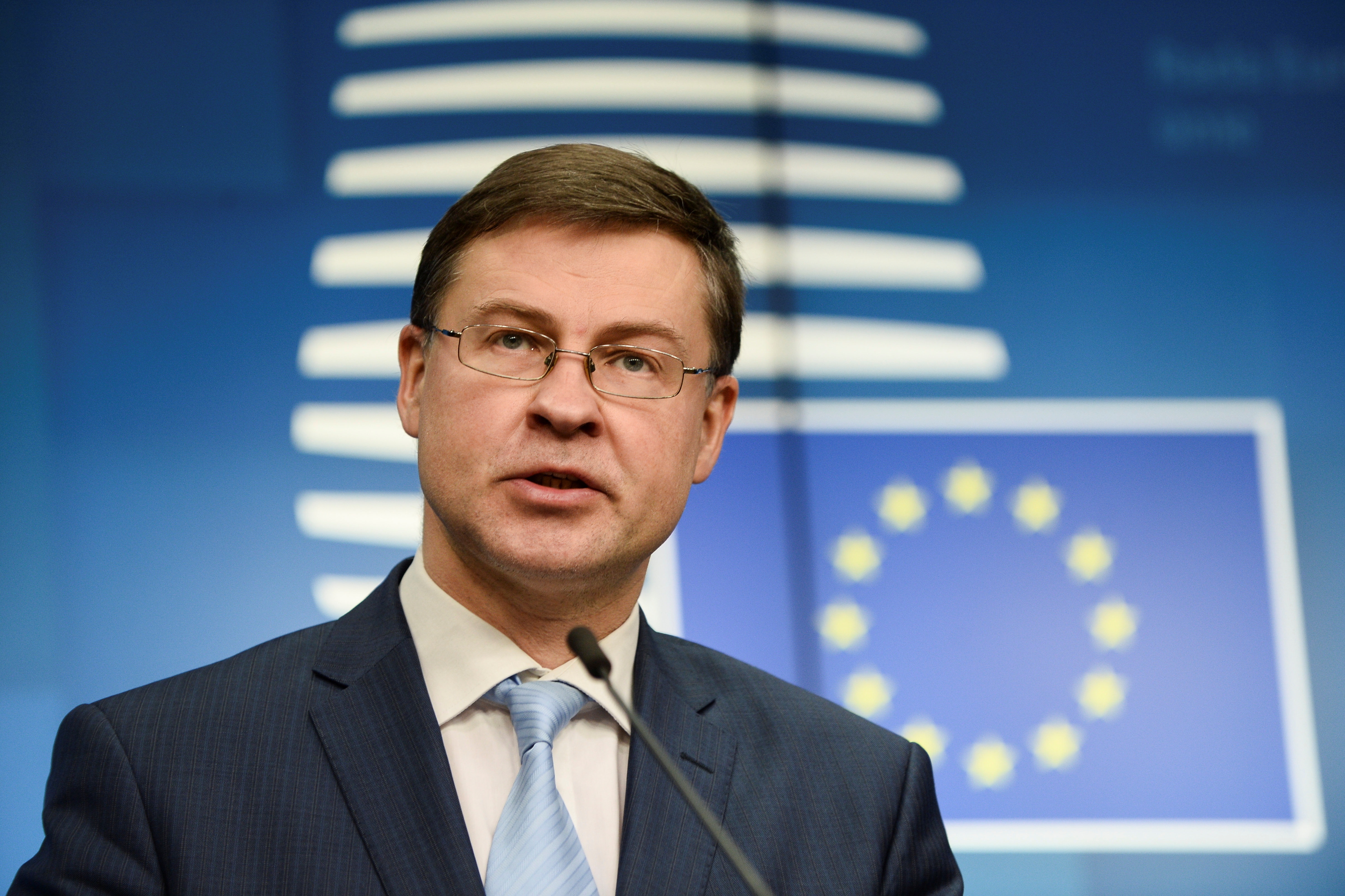 European Commission Vice President Valdis Dombrovskis speaks in Brussels, Belgium, February 16, 2021. REUTERS/Johanna Geron/Pool