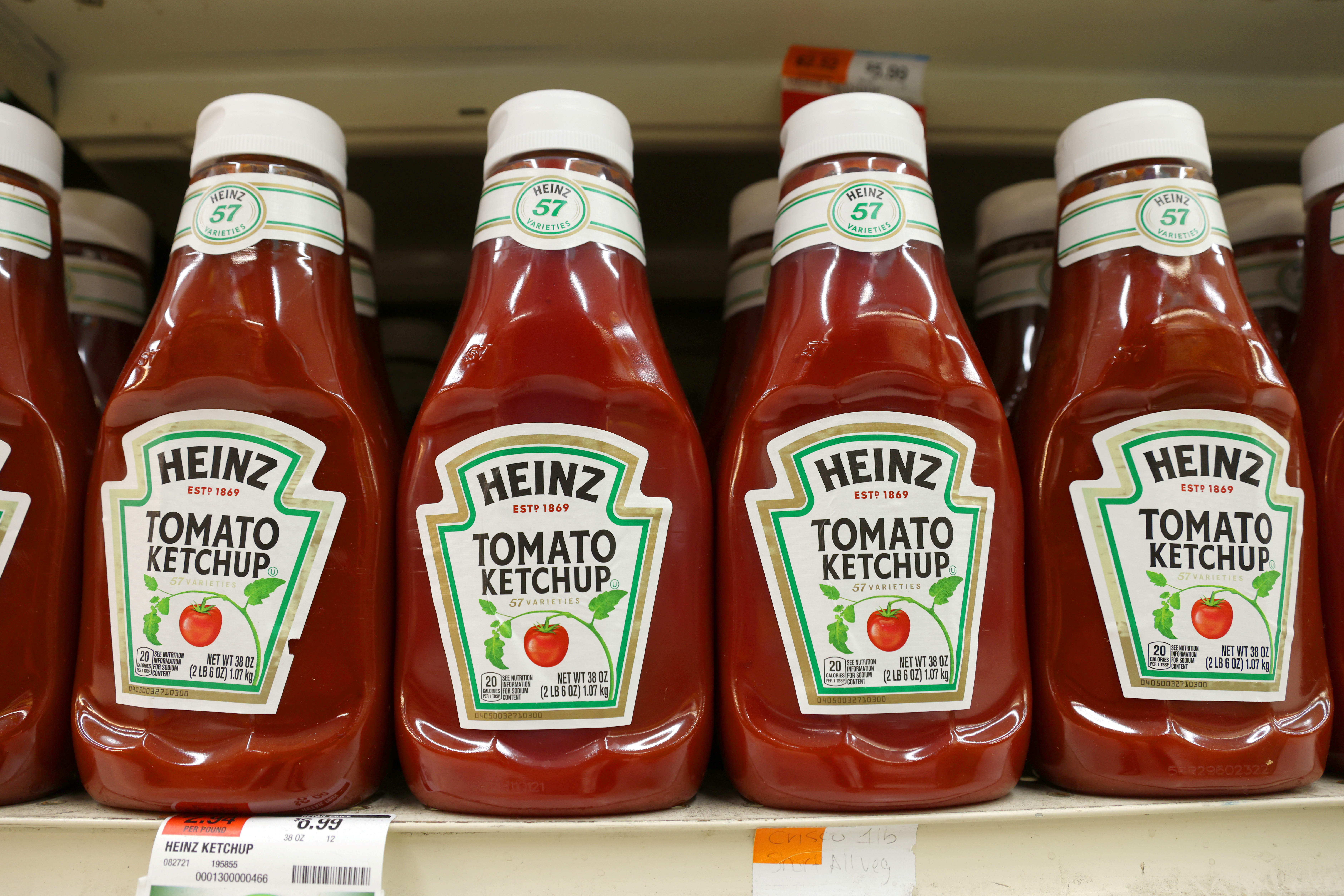 Bottles of Heinz Tomato Ketchup, a brand owned by The Kraft Heinz Company, are seen in a store in Manhattan, New York