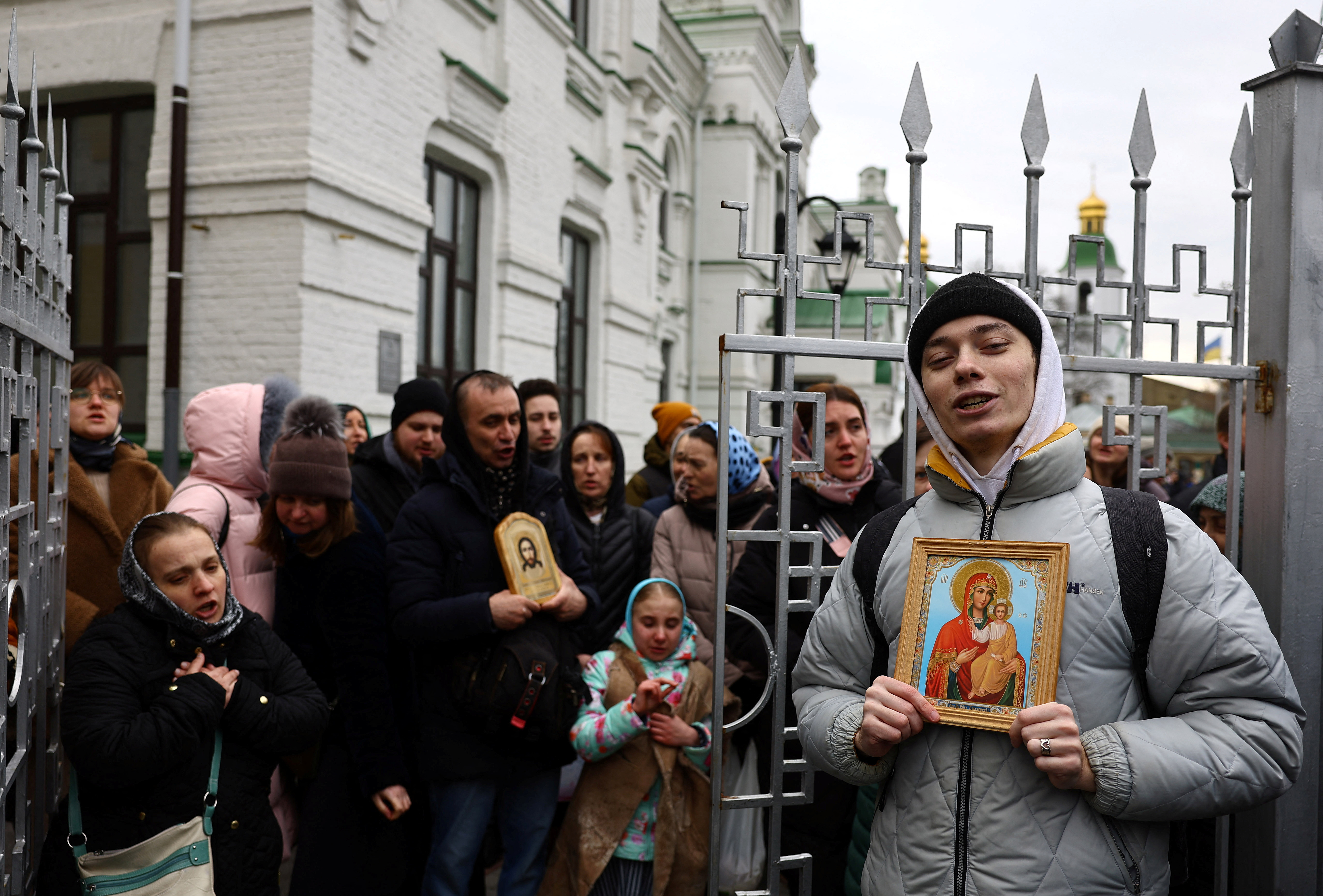 Believers of the Ukrainian Orthodox Church blocking the entrance of Lavra monastery in Kyiv