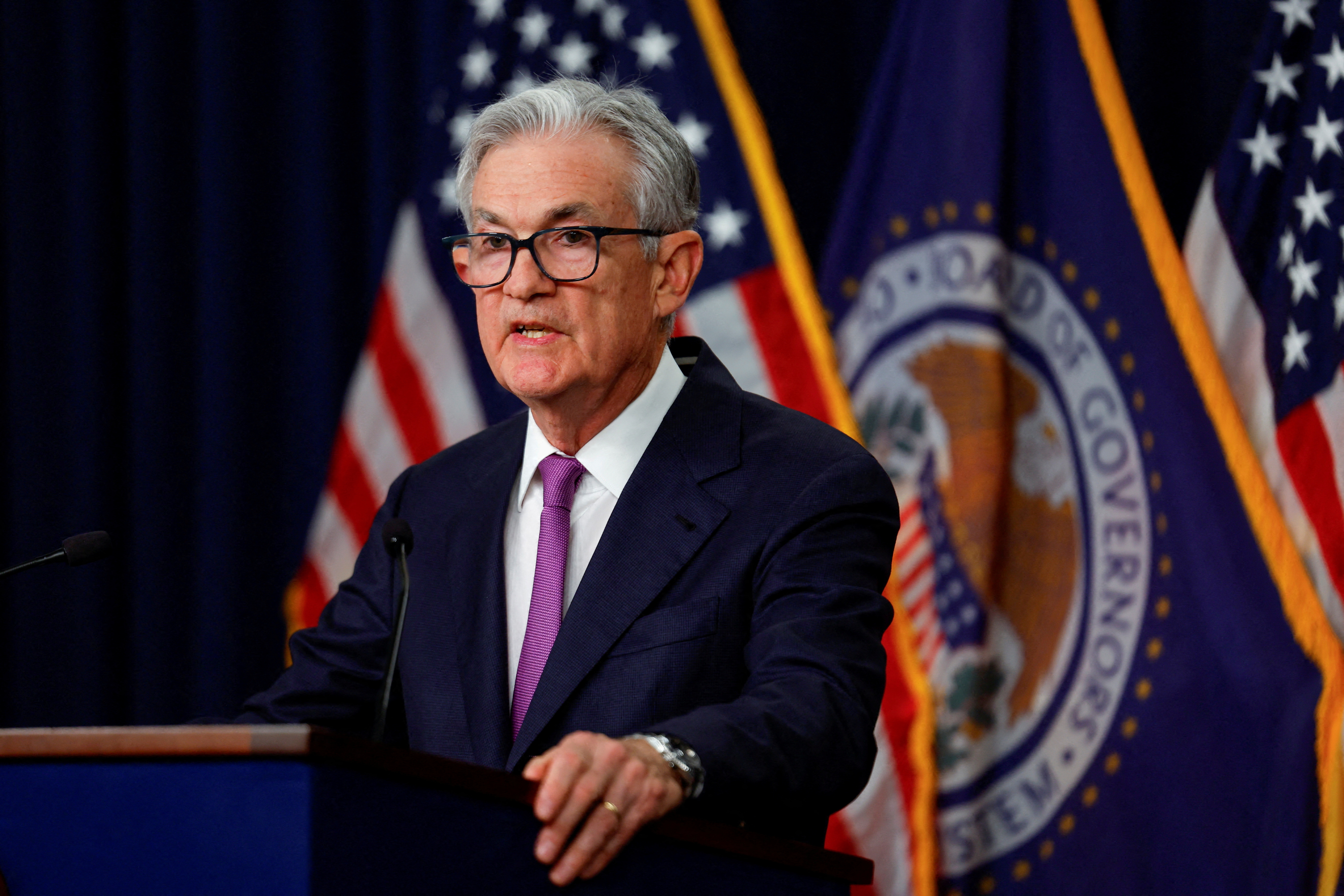 Fed Chair Powell speaks after policy decision, in Washington