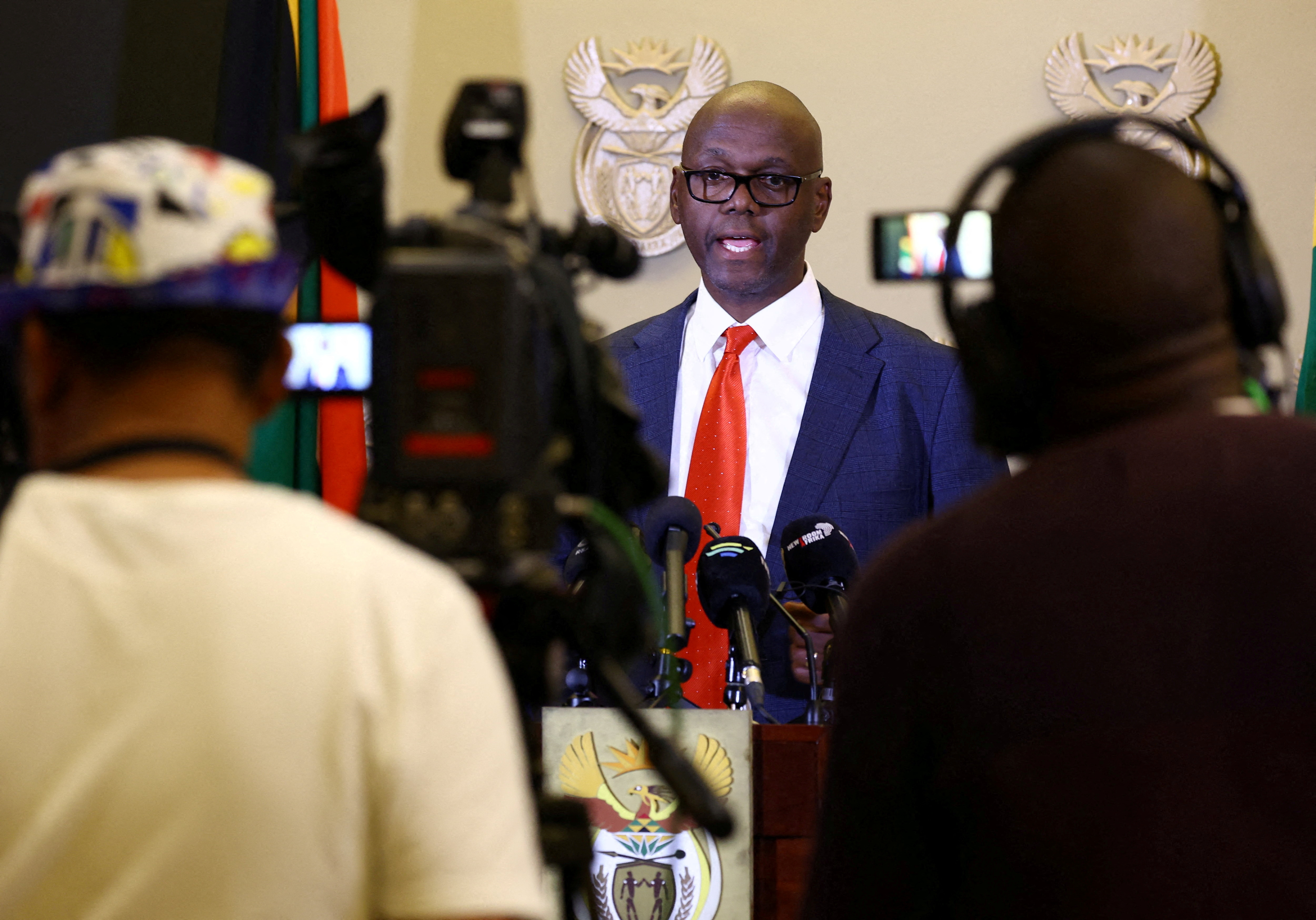 Presidential Spokesperson Vincent Magwenya gives updates to the media at parliament on the report against South African president Cyril Ramaphosa in Cape Town