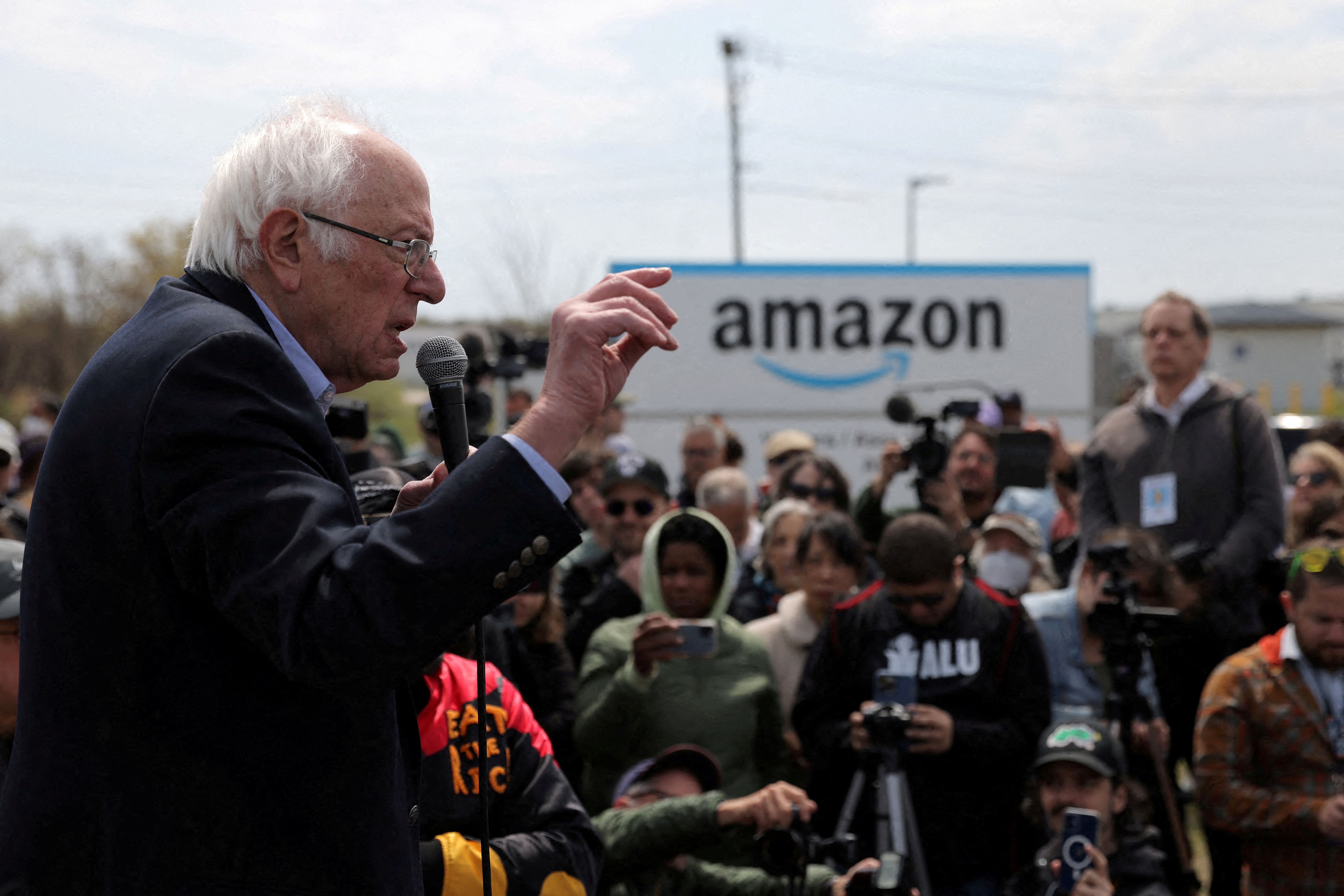 U.S. Senator Bernie Sanders (I-VT) speaks at an Amazon facility during an Amazon Labor Union (ALU) rally in Staten Island, New York City