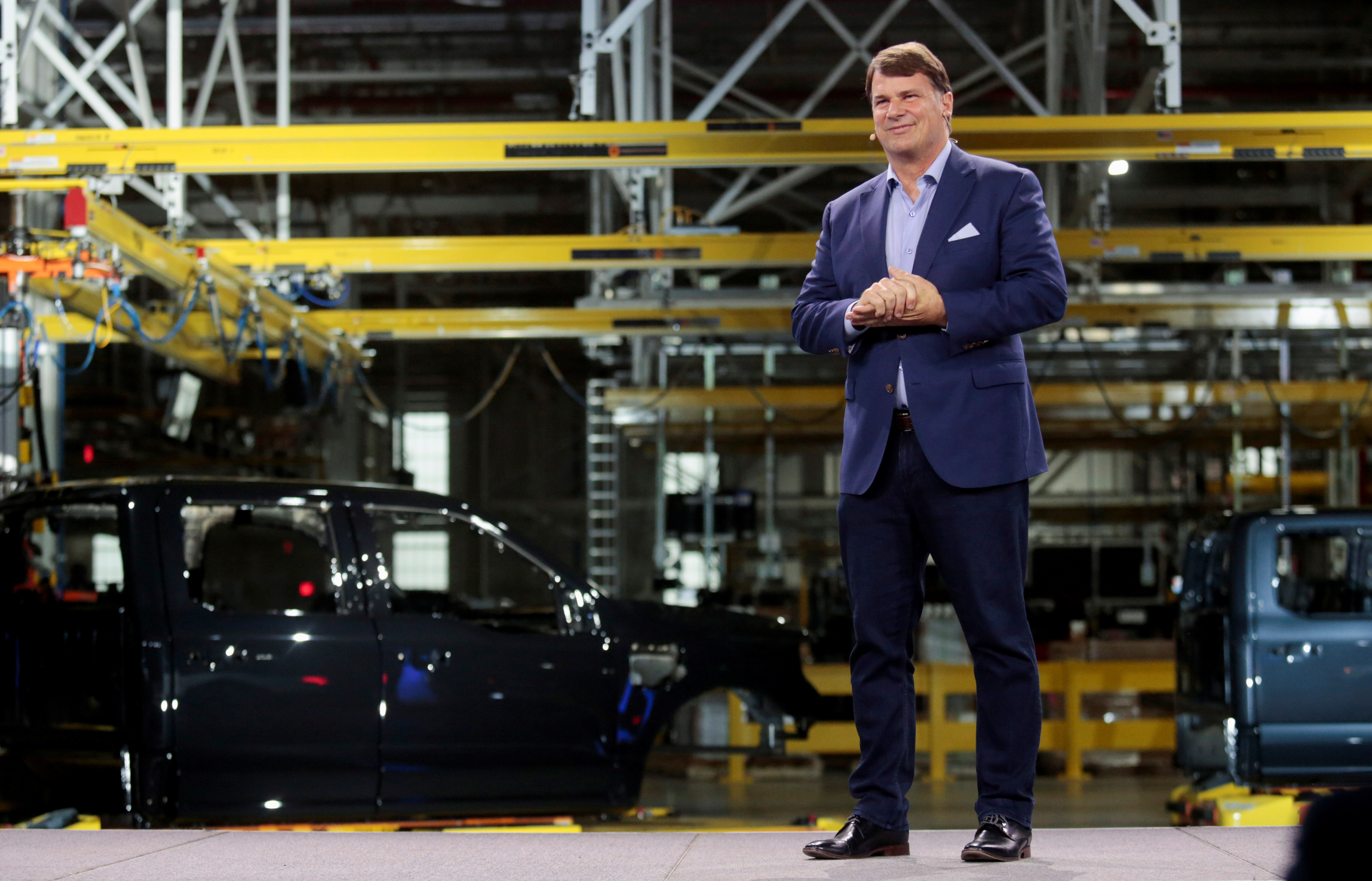 Ford CEO Jim Farley speaks during the official launch of the all-new Ford F-150 Lightning electric pickup truck in Dearbor