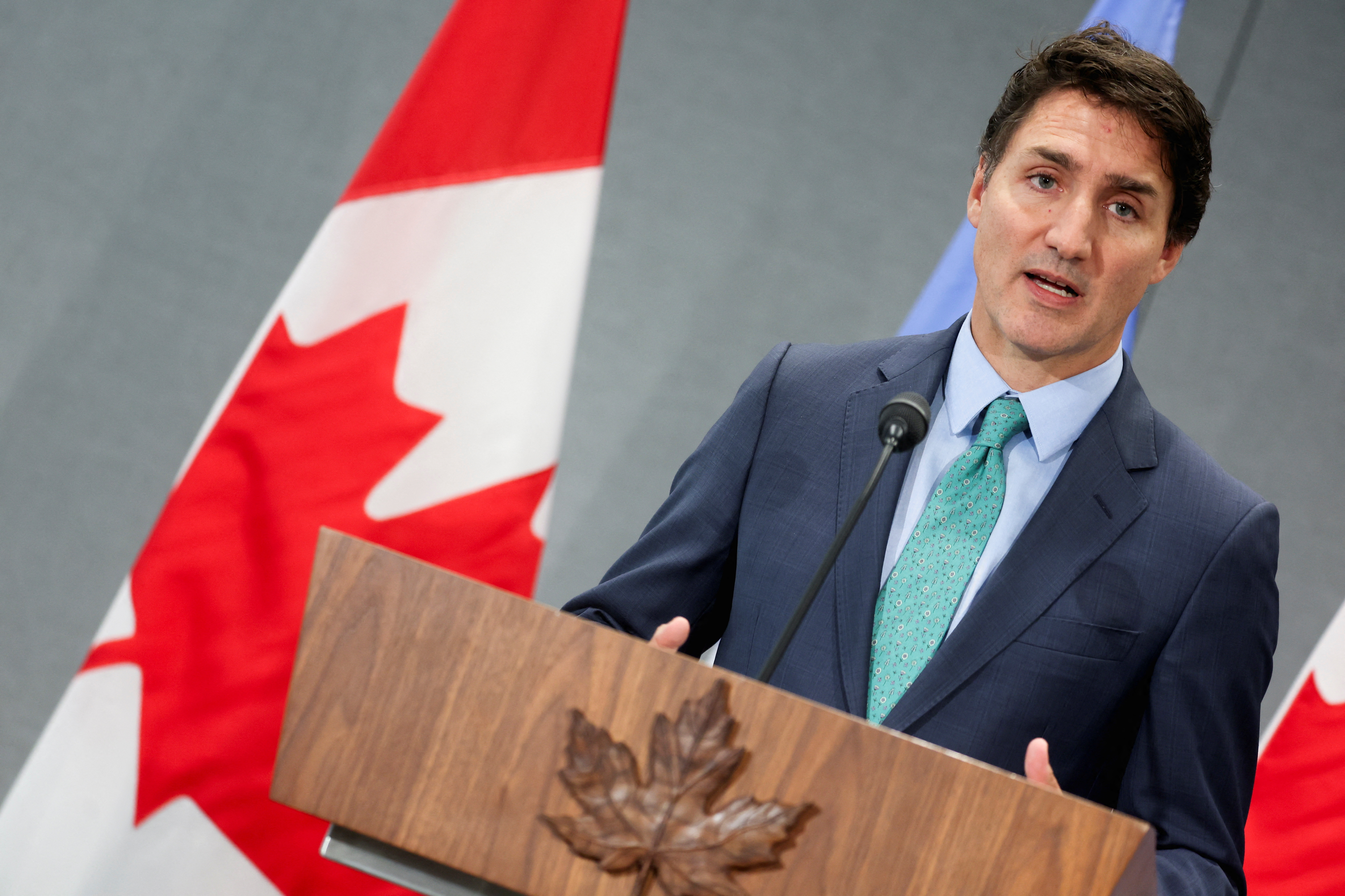 Canadian Prime Minister Justin Trudeau speaks during a press conference on the sidelines of the United Nations General Assembly in New York