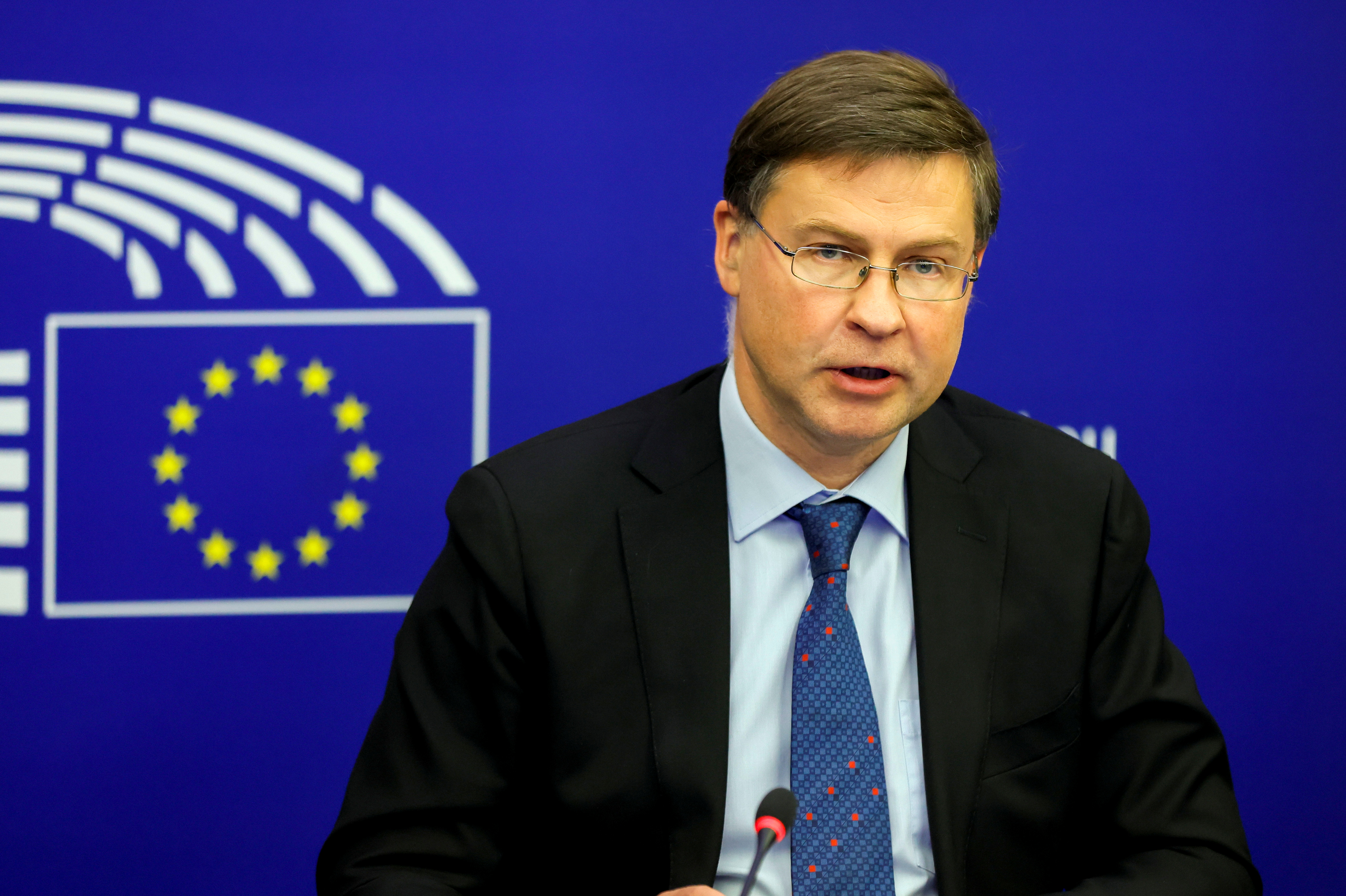 European Commission Executive Vice President Valdis Dombrovskis attend a press conference at European Parliament session in Strasbourg