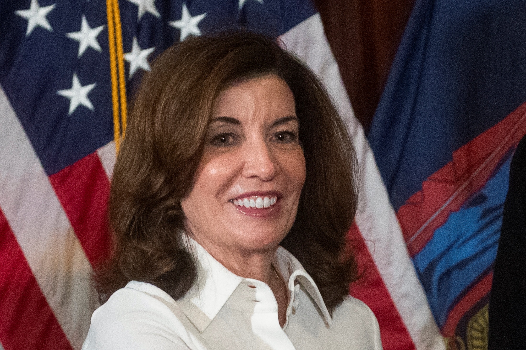 New York Governor Kathy Hochul reacts during a swearing-in ceremony at the New York State Capitol, in Albany, New York
