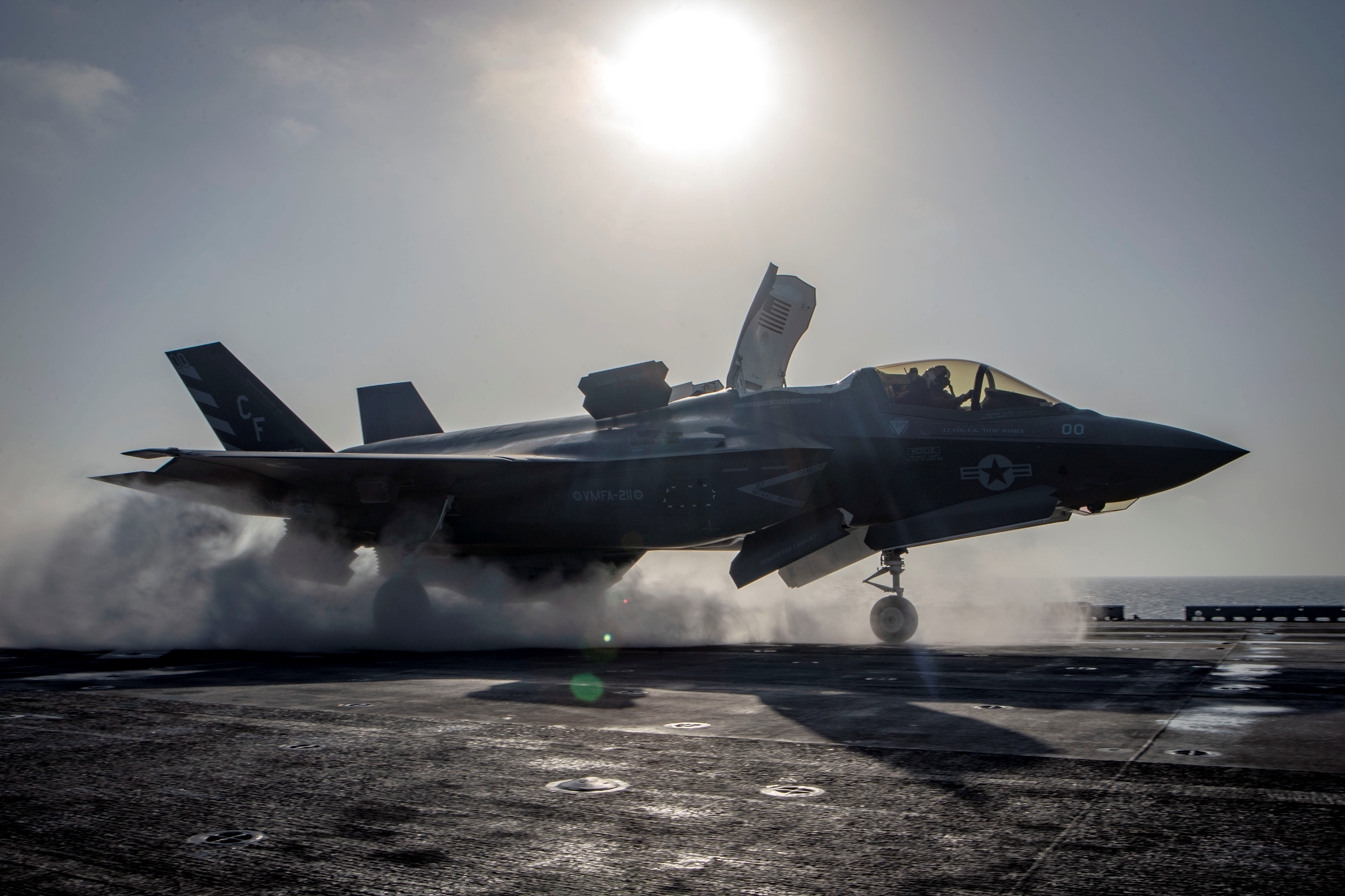 A U.S. Navy handout photo a F-35B Lightning II aircraft from the Marine Fighter Attack Squadron 211 launches from the deck aboard the amphibious assault ship USS Essex