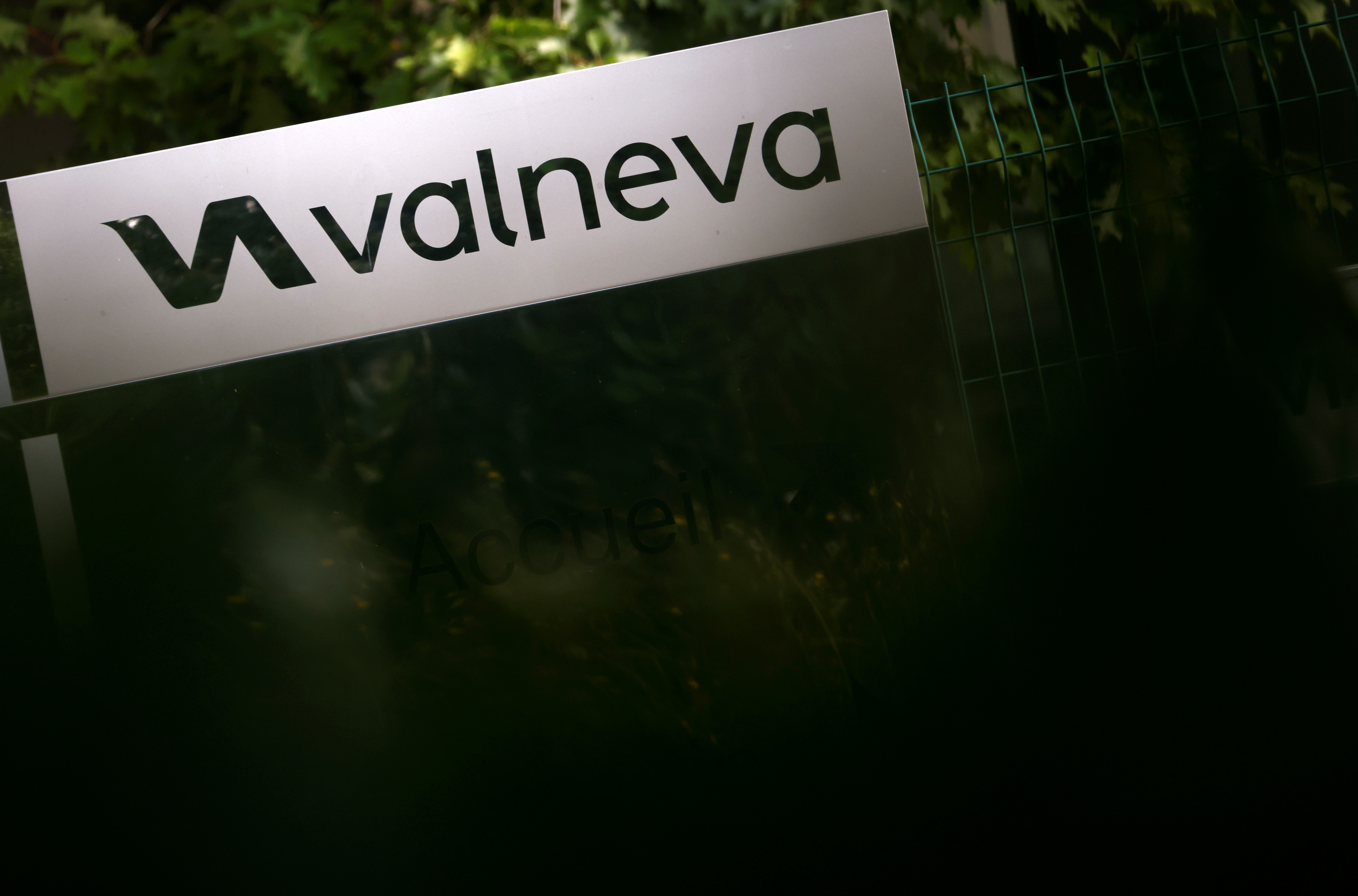 The logo of Valneva SE is pictured at the company's headquarters in Saint-Herblain