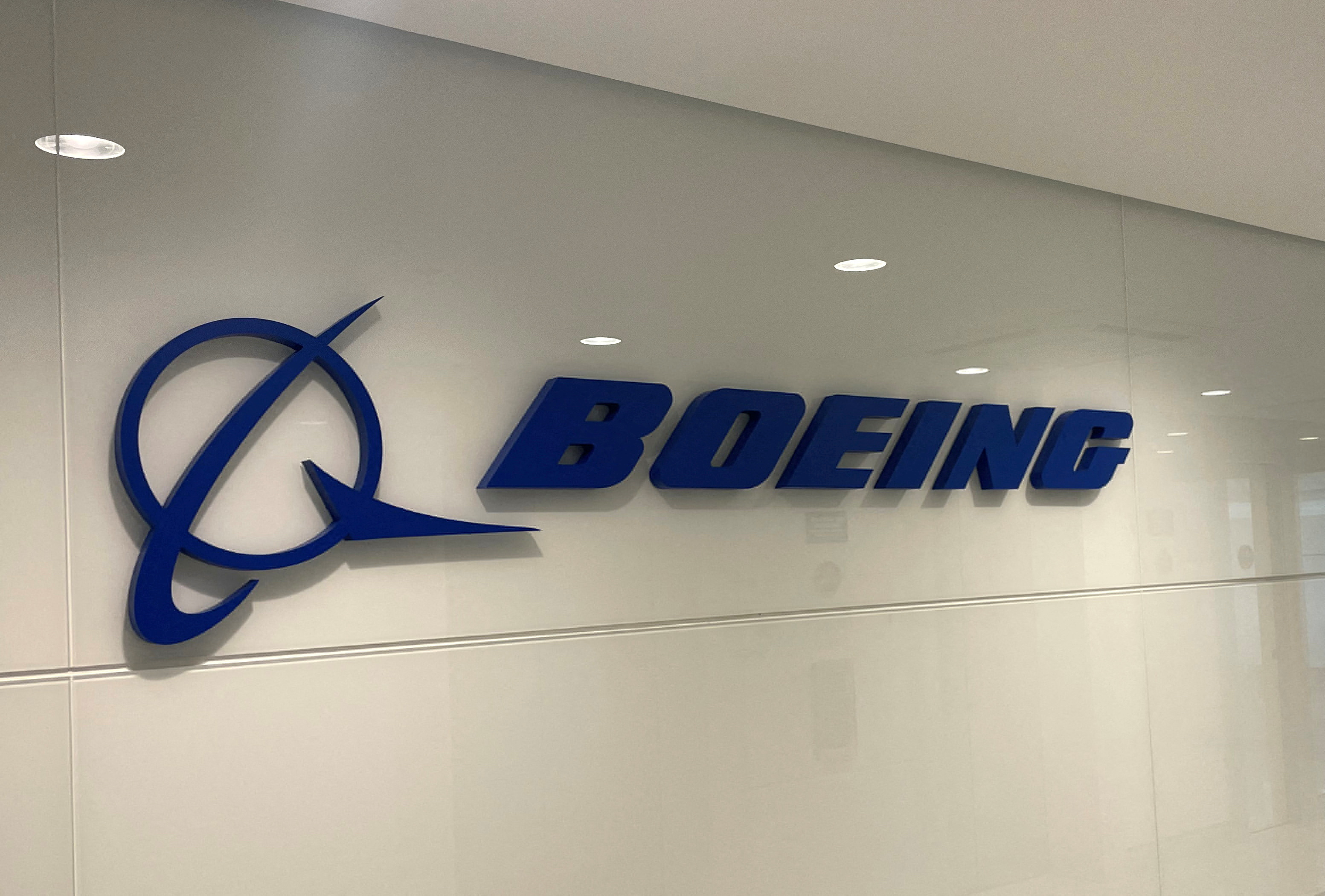 A Boeing logo is seen at the company's technology and engineering center in Sao Jose dos Campos
