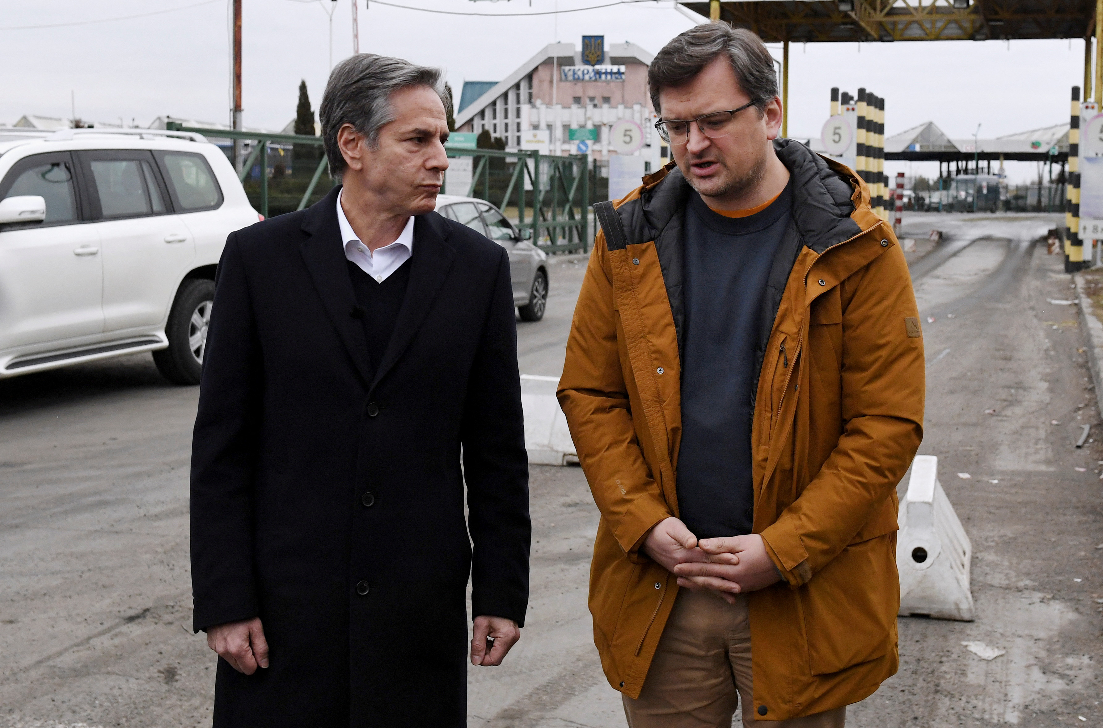 U.S. Secretary of State Antony Blinken and Ukrainian Foreign Minister Dmytro Kuleba speak to the media after meeting at the Ukrainian-Polish border crossing in Korczowa