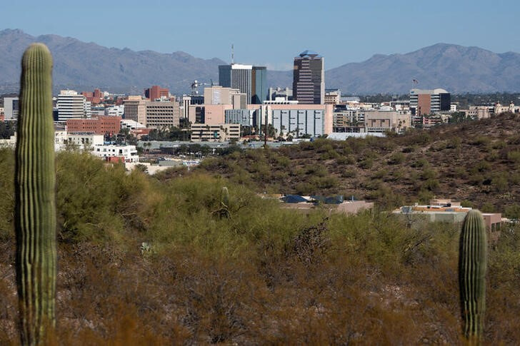 A view of downtown Tucson skyline against the Santa Catalina Mountains in Tucson