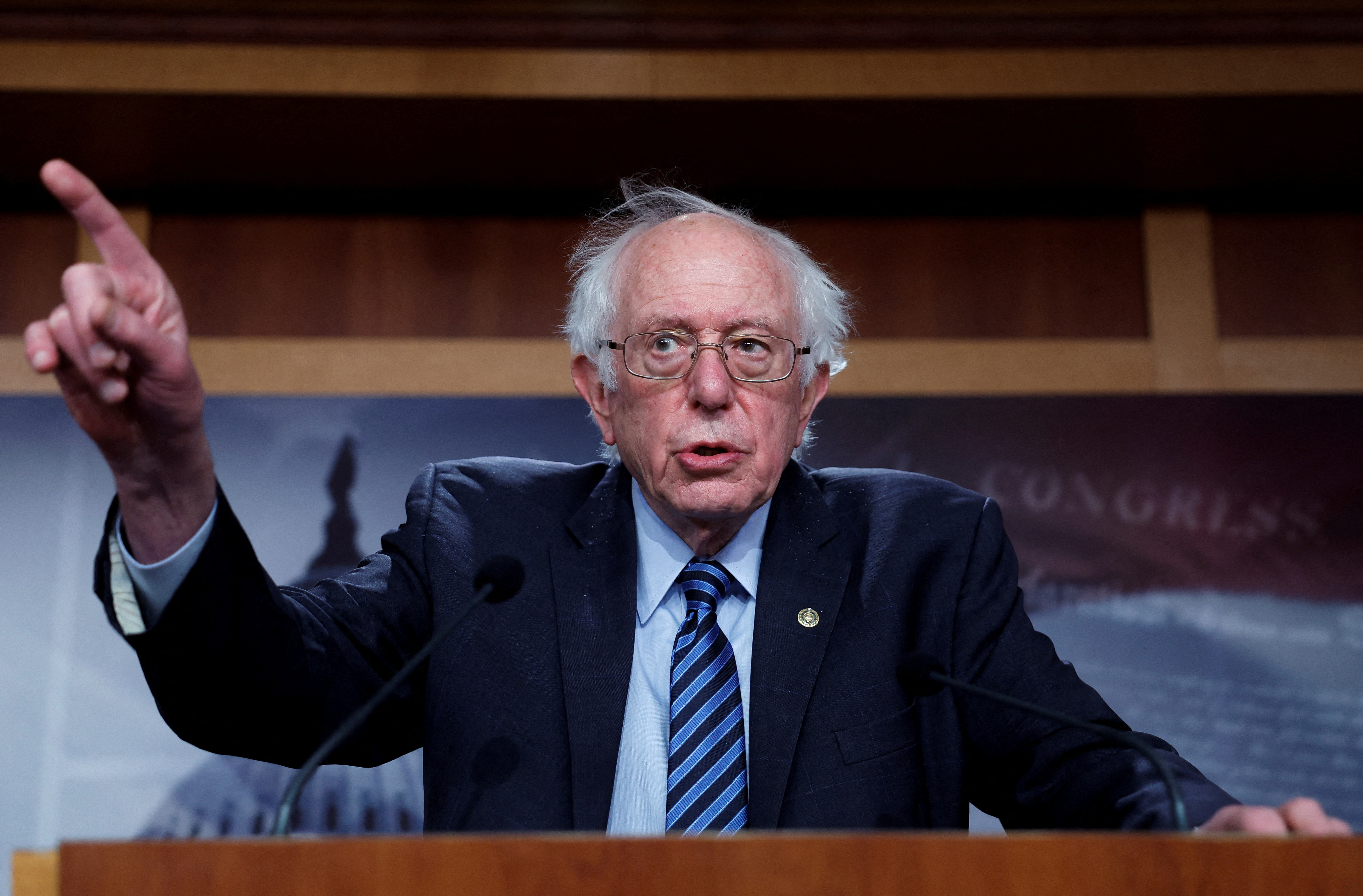 Senator Bernie Sanders (I-VT) holds a press conference on Capitol Hill in Washington