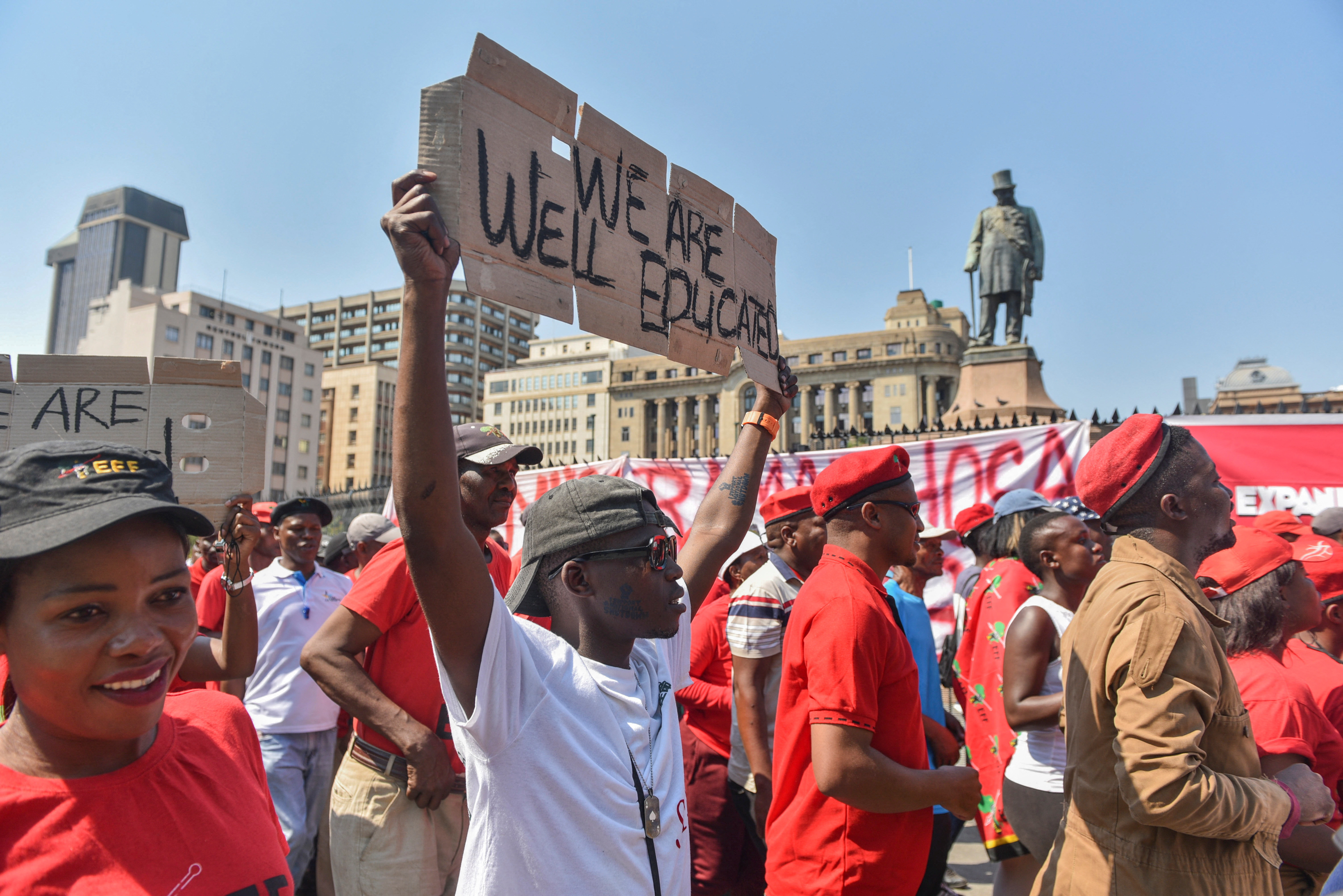 Members of Economic Freedom Fighters call for "National Shutdown" and resignation of President Ramaphosa in Pretoria