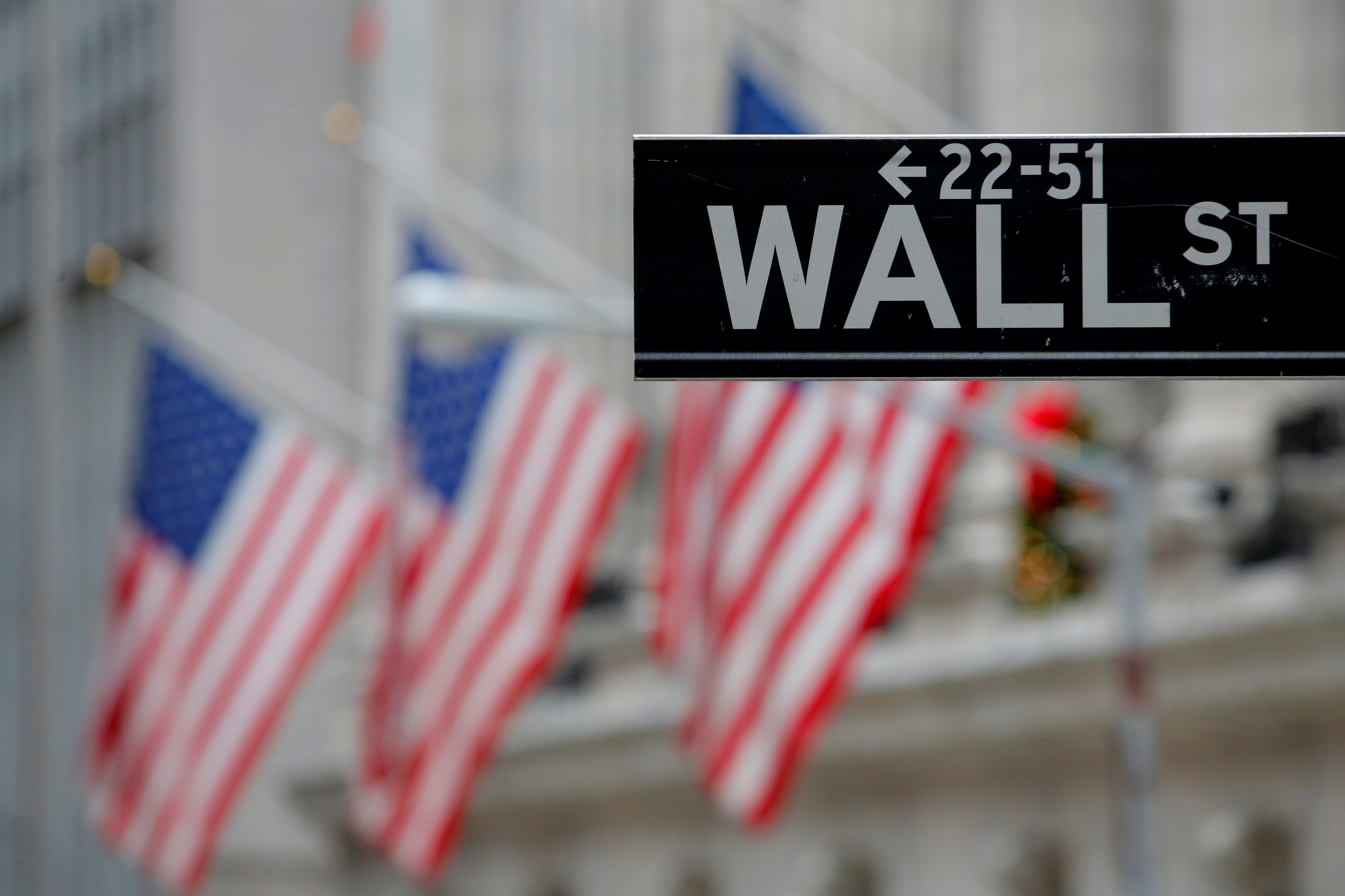 A street sign for Wall Street is seen outside the New York Stock Exchange in Manhattan, New York City