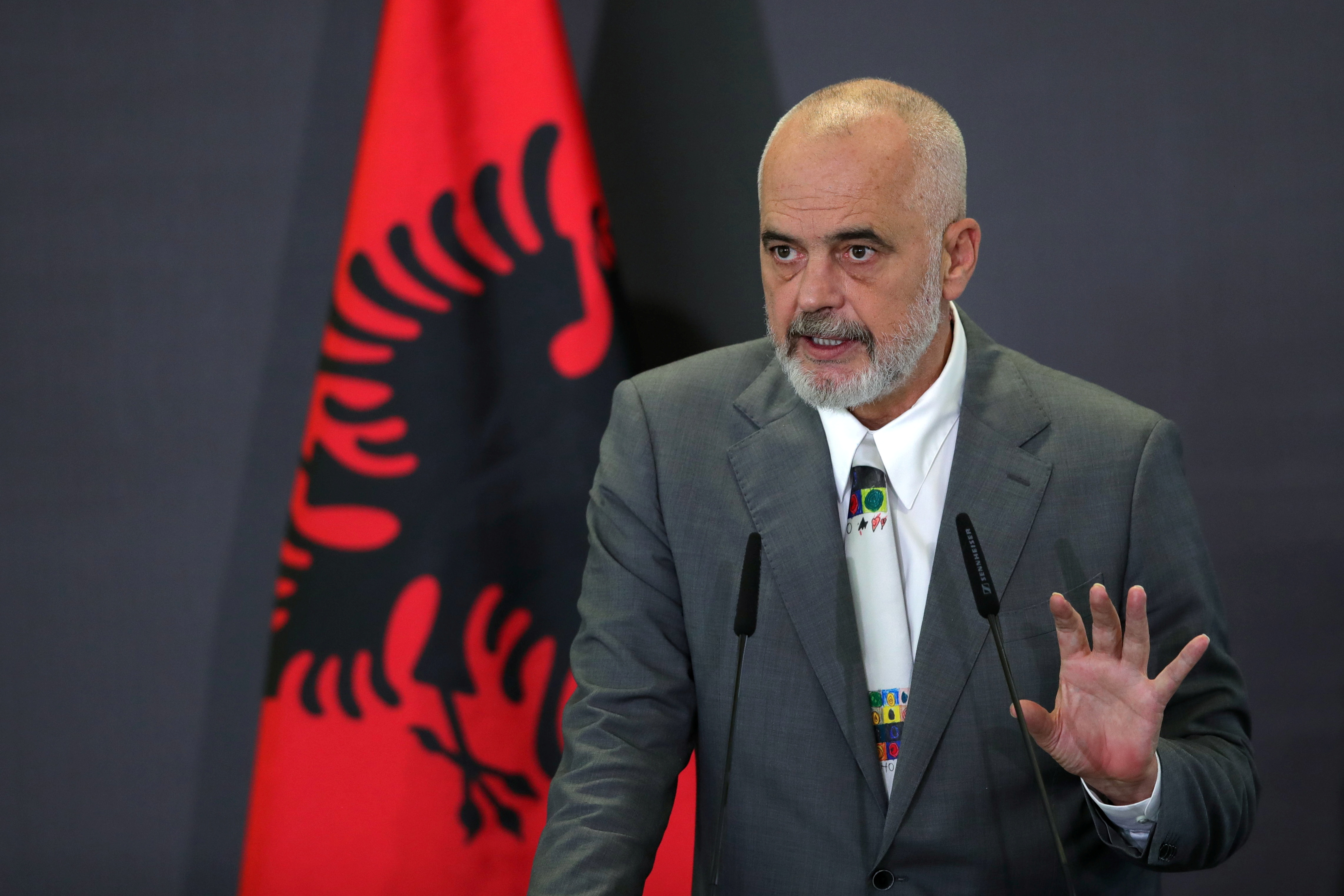 Albanian Prime Minister Edi Rama gestures during a news conference at Tirana Business Park, in Tirana