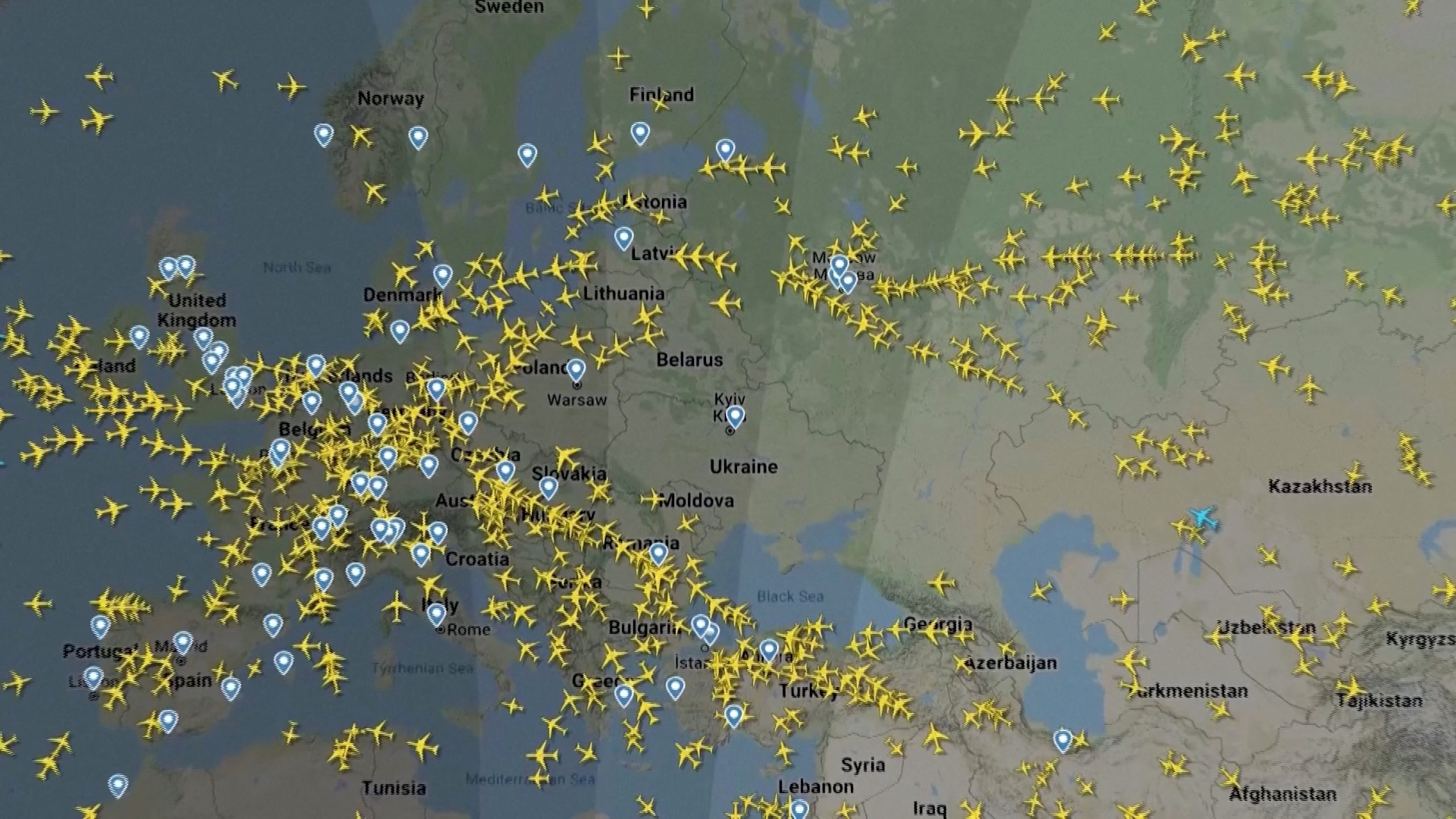 A screen recording of flight tracking website FlightRadar24 shows aircraft diverting around Ukraine